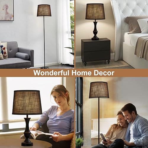 Miniatura 21 de Juego de 2 pantallas marrones, lámparas de mesa y pie de tela mediana, parte superior de 13 pulgadas x 11 pulgadas inferior x 10 pulgadas de alto