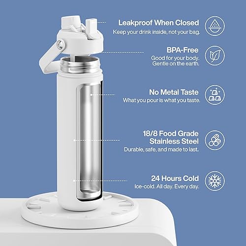 Miniatura 990 de ENCOOL Botella de agua aislada con popote, de acero inoxidable, a prueba de fugas, sin BPA, al vacío de doble pared que se mantiene fría durante 24