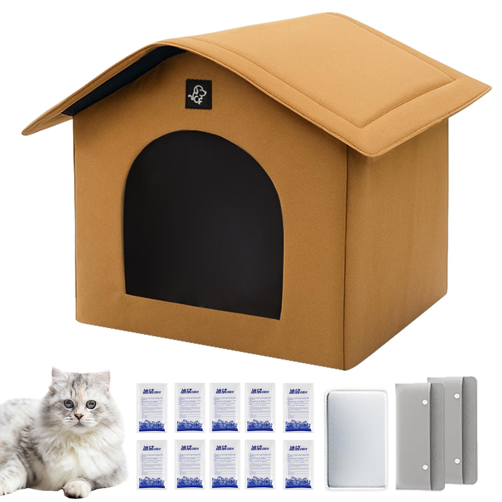 Rifugio Rinfrescante per Gatti da Esterno, Ricovero per Cuccioli, Trasportabile Isolata con Sacchetti Assorbenti e Gel Refrigerante per Animali Domestici in Casa