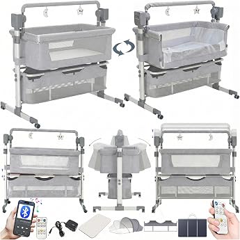 Magic ZC Electric Bluetooth Intelligent Baby Cot with Wheels Convertible Foldable Co-Sleeping Baby Bed Remote Control 5 Fluctuating Gears Bassinet Cradle with Music 601 Mid Grey