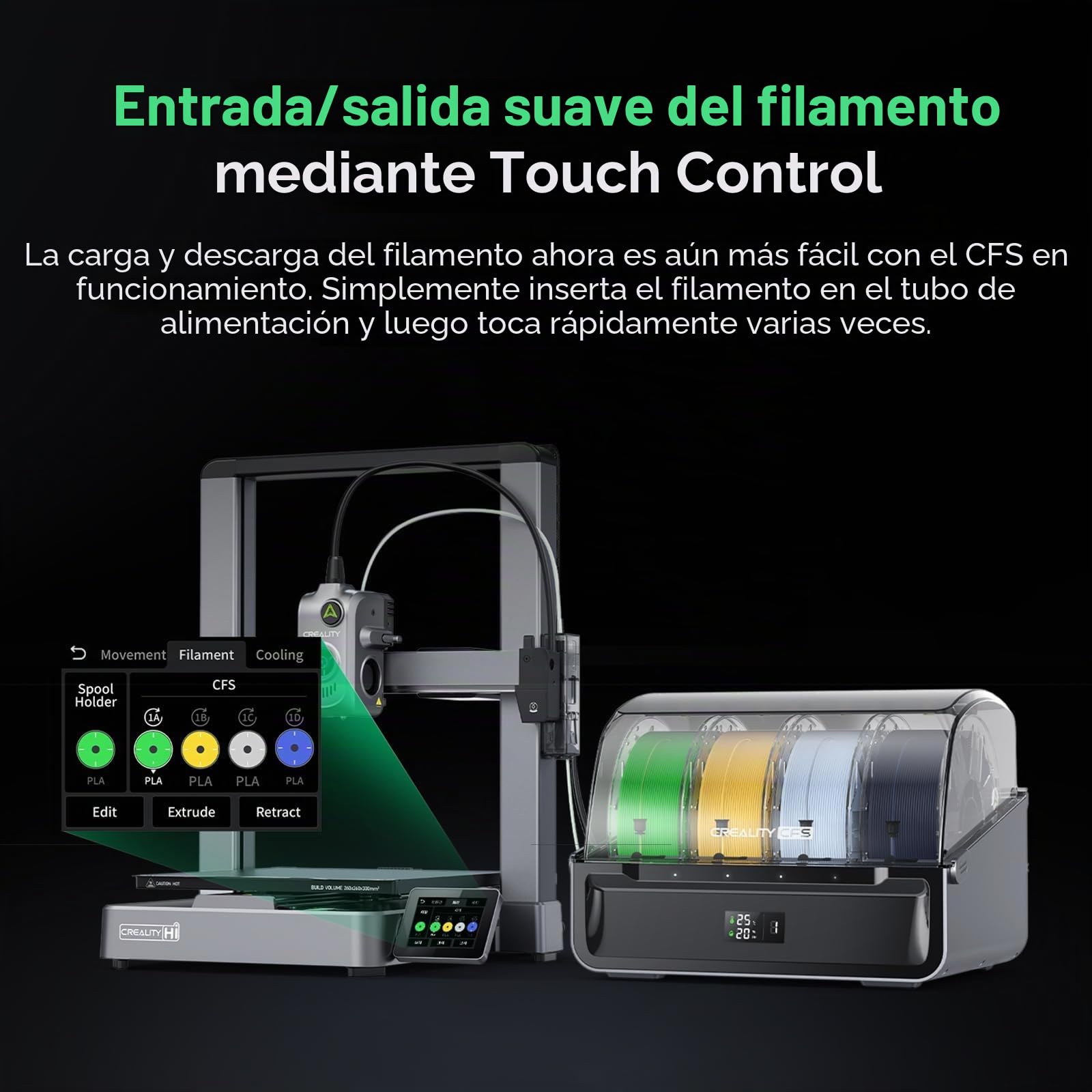 Creality Impresora 3D Hi Combo, con CFS de 16 colores, 500 mm/s de alta velocidad, 260×260×300mm espacio de construcción, nivelación automática, servo FOC, 12.000 mm/s², escáner RFID y detección de