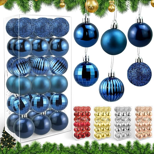 FIGFYOU 36 Pcs Christmas Baubles, 6 Styles Blue Christmas Baubles Balls Christmas Ball with Hanging Loop Shatterproof Christmas Tree Ornamets Personalised Tree Decorations for Xmas Tree Decor(4cm)