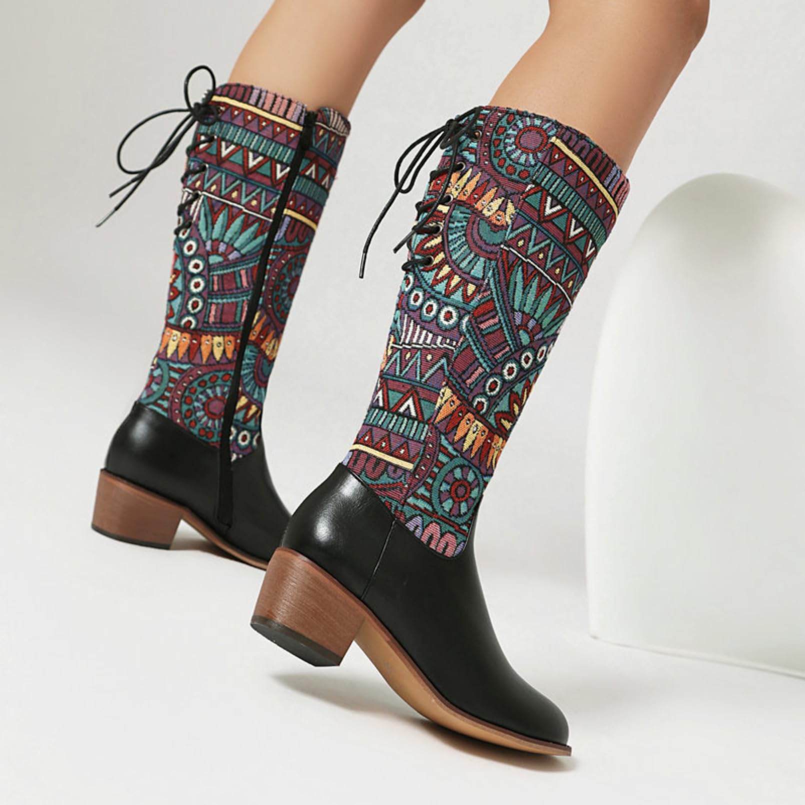 Mujer Botas Altas Punta Redonda Tacón Chunky Tela Estampada Botas Montar Costura Cuero Cremallera Lateral Botas Largas Pantorrilla Ancha Cordones Altas Splicing Planas