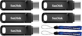 SanDisk 32GB Ultra Dual Drive Go (SDDDC3-032G-G46) 2-in-1 USB Type-A & Type-C Flash Drive - 5 Pack Bundle with 2 Everything But Stromboli Lanyards