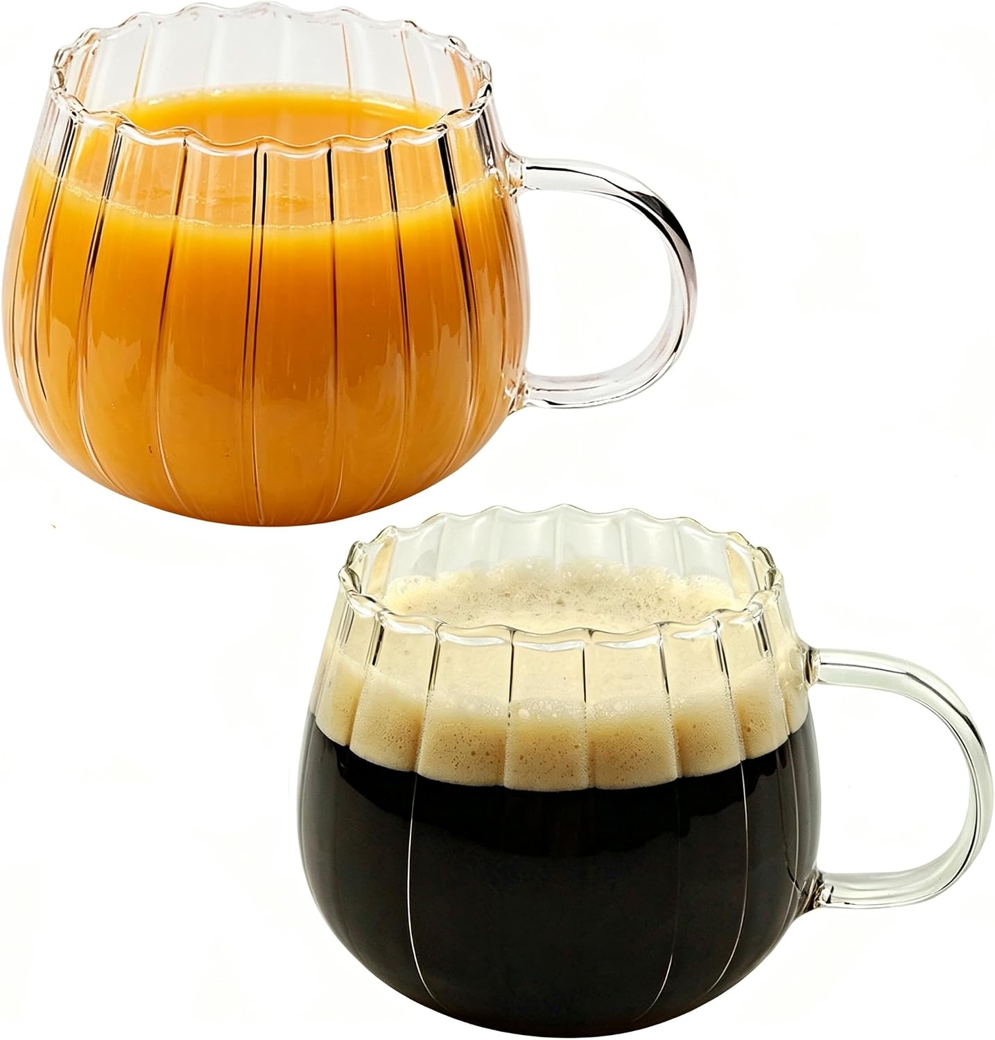 Halloween Pumpkin Mugs 12 oz Glass Coffee Mugs Set of 2, Drinking Glasses with Transparent Handle, Clear Glass Cups for Hot or Cold Drinks like Cappuccino, Latte, Cocoa, Milk