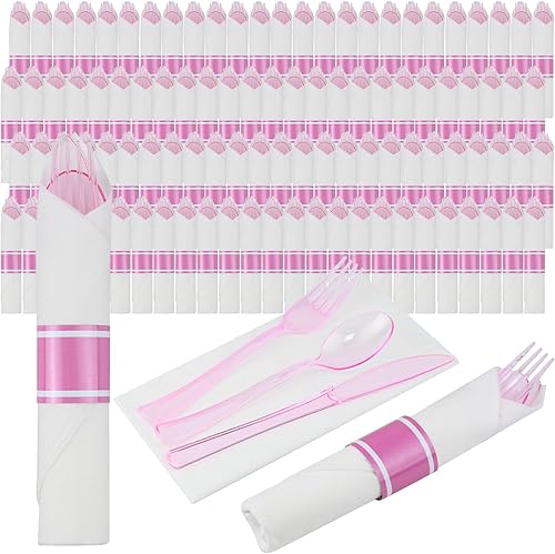 Miniatura 8 de Juego de servilletas y cubiertos preenrollados, paquete de 12 cubiertos envueltos desechables, cubiertos de plástico enrollados en oro con 12