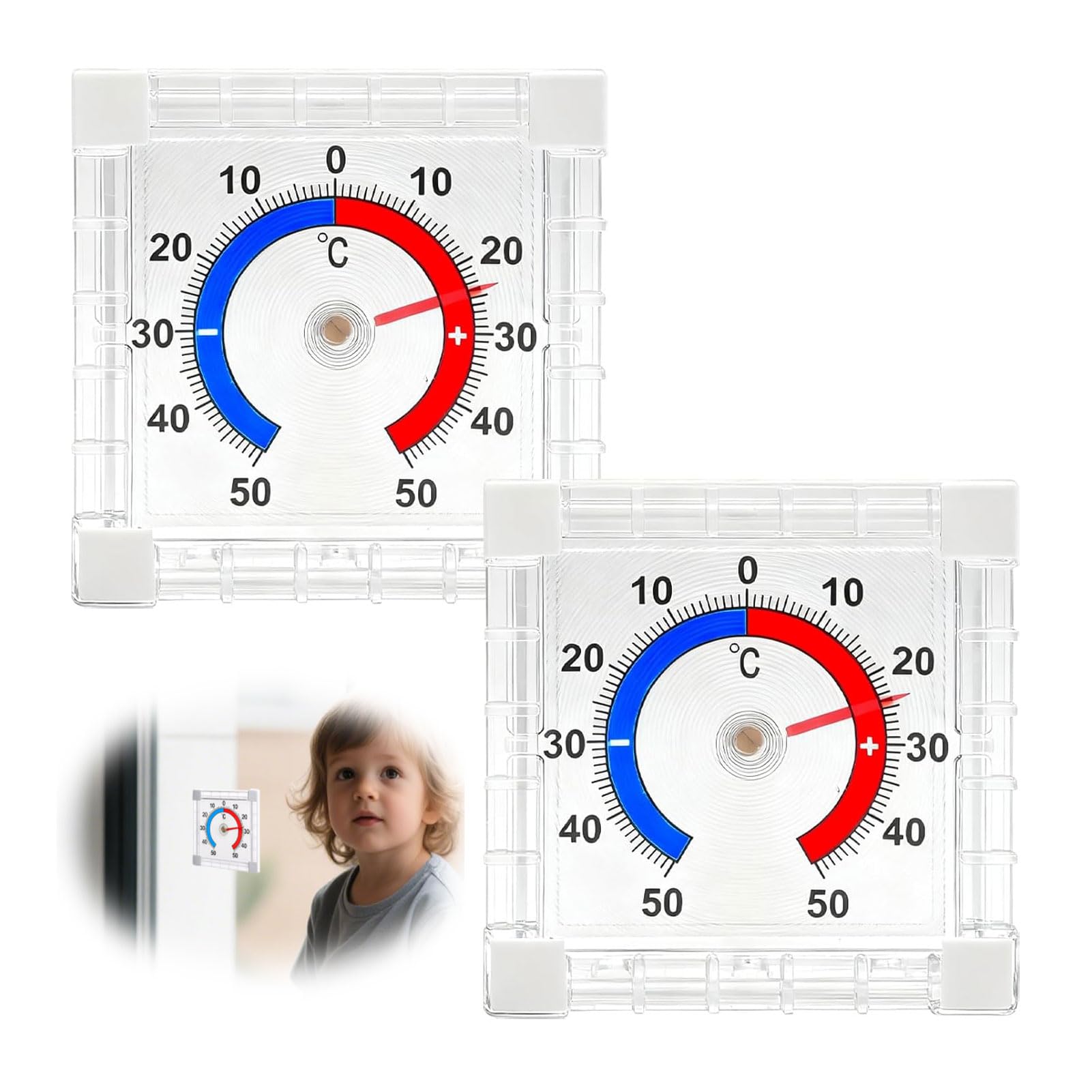 Pack de 2 termómetros para ventanas exteriores, termómetros exteriores, termómetros para exteriores, autoadhesivos, a 50 °C, para exteriores, analógicos, para pegar en el cristal