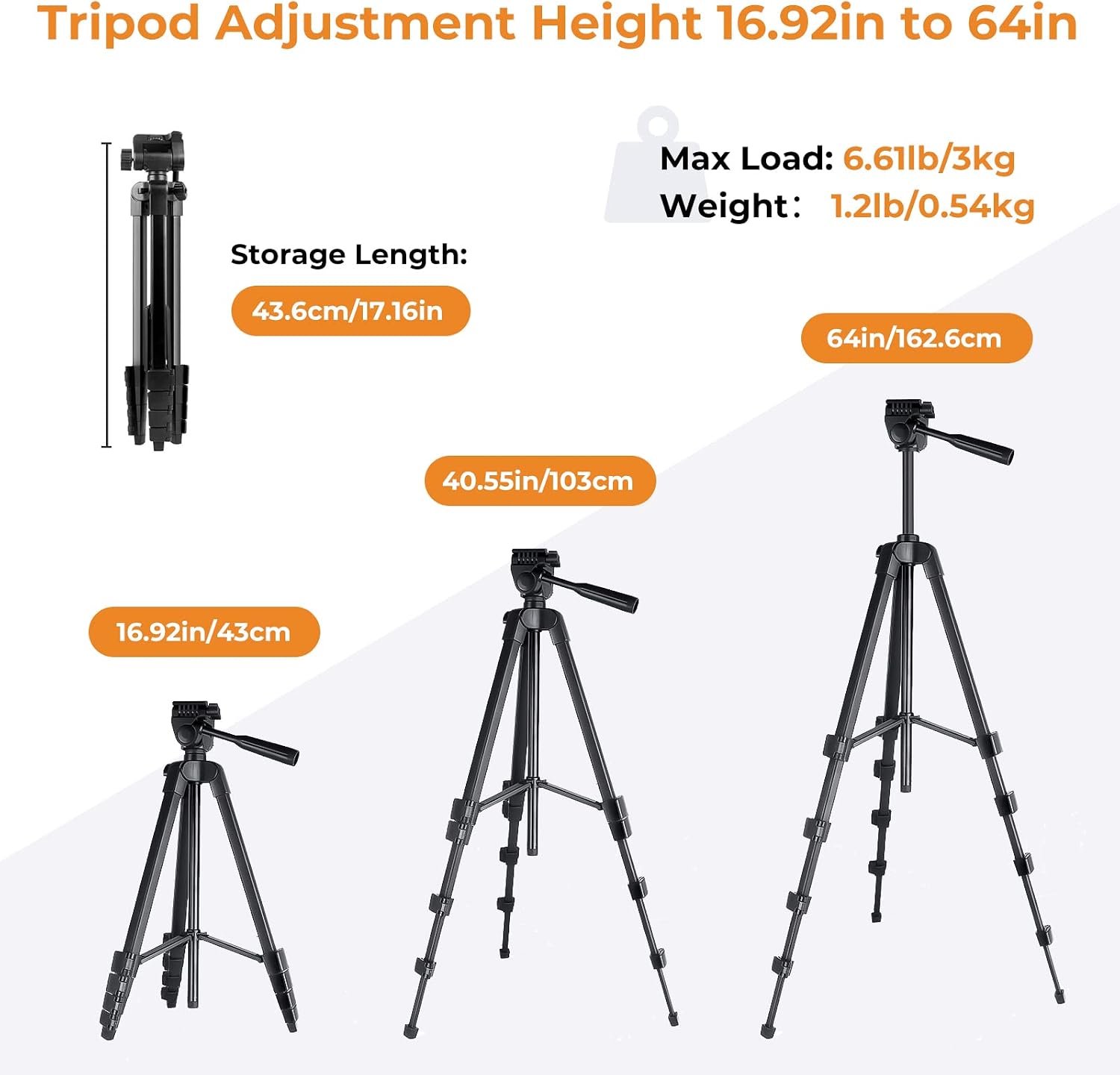 Torjim 64”Phone Tripod, Extendable Cell Phone Tripod with Remote and Phone Holder, Universal Camera Tripod Stand for Video Recording/Selfies/Live Streaming, Travel Tripod Compatible with iOS & Android