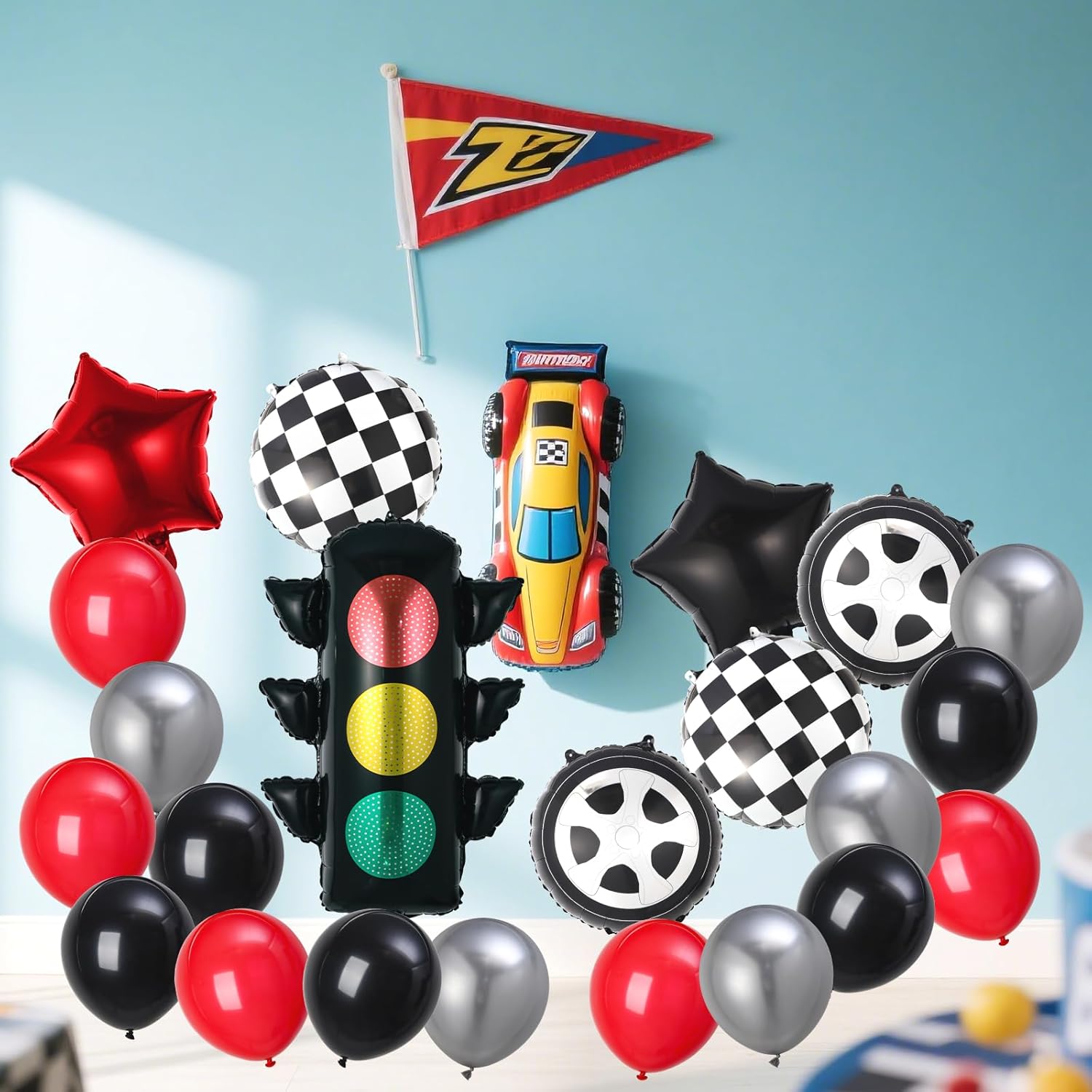 22Pcs Race Car Balloons Automobile Birthday Party Decorations for Boys Traffic Light Balloons Tire Balloon Checkered Balloon Driver Driving Racing Car Wheels Transportation Theme Party Supplies