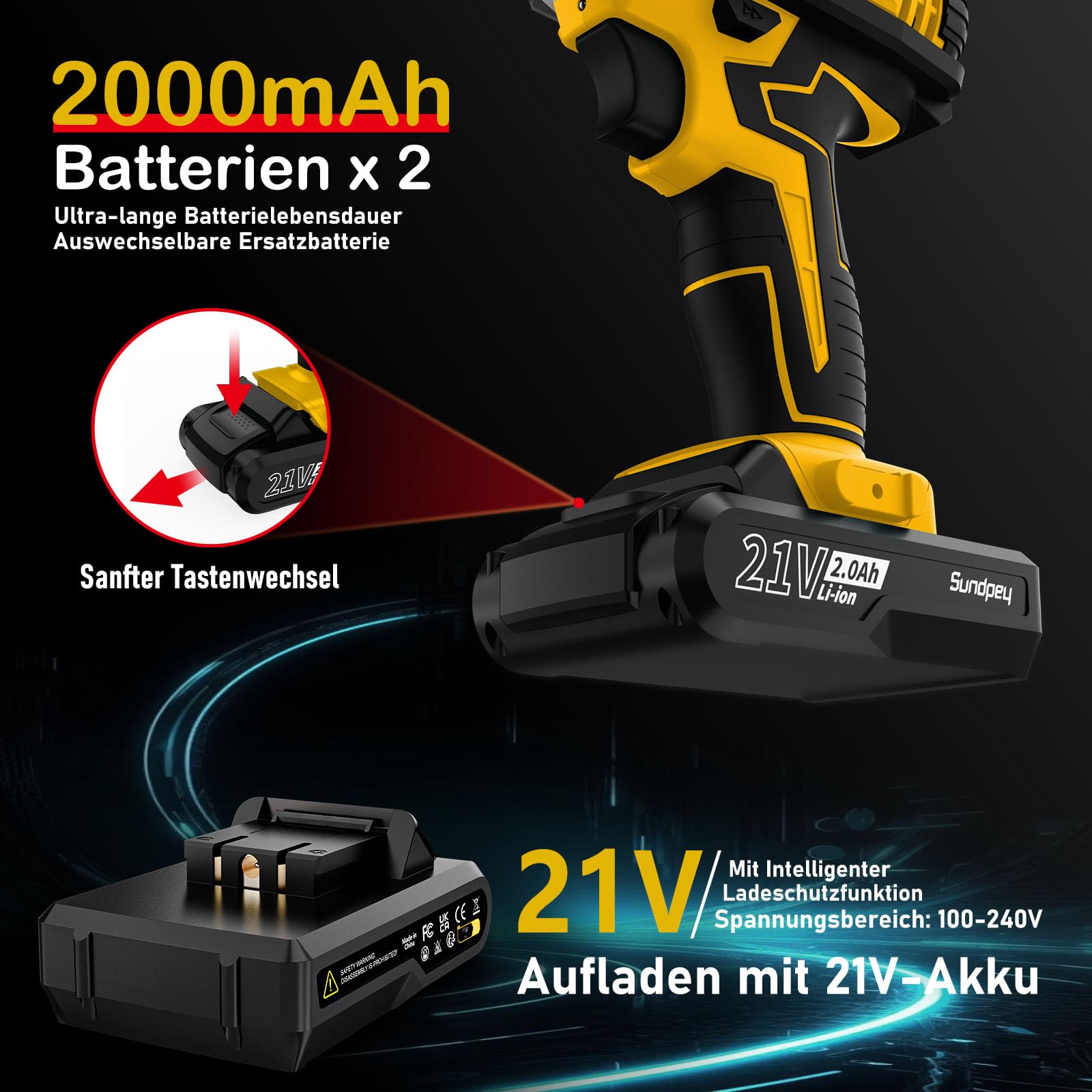 Olubfdh Accuschroevendraaier met accu 2×2000 mAh, 45 Nm koppel max 25 3 koppelstanden (2 versnellingen en led) 21V accuboormachine voor huis en tuin, doe-het-zelf project (Blauw