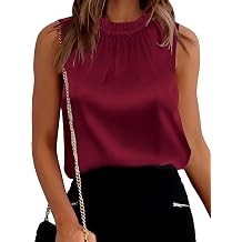 SimpleFun Womens Ruffle Mock Neck Satin Tank Tops Sleeveless Silk Blouses
