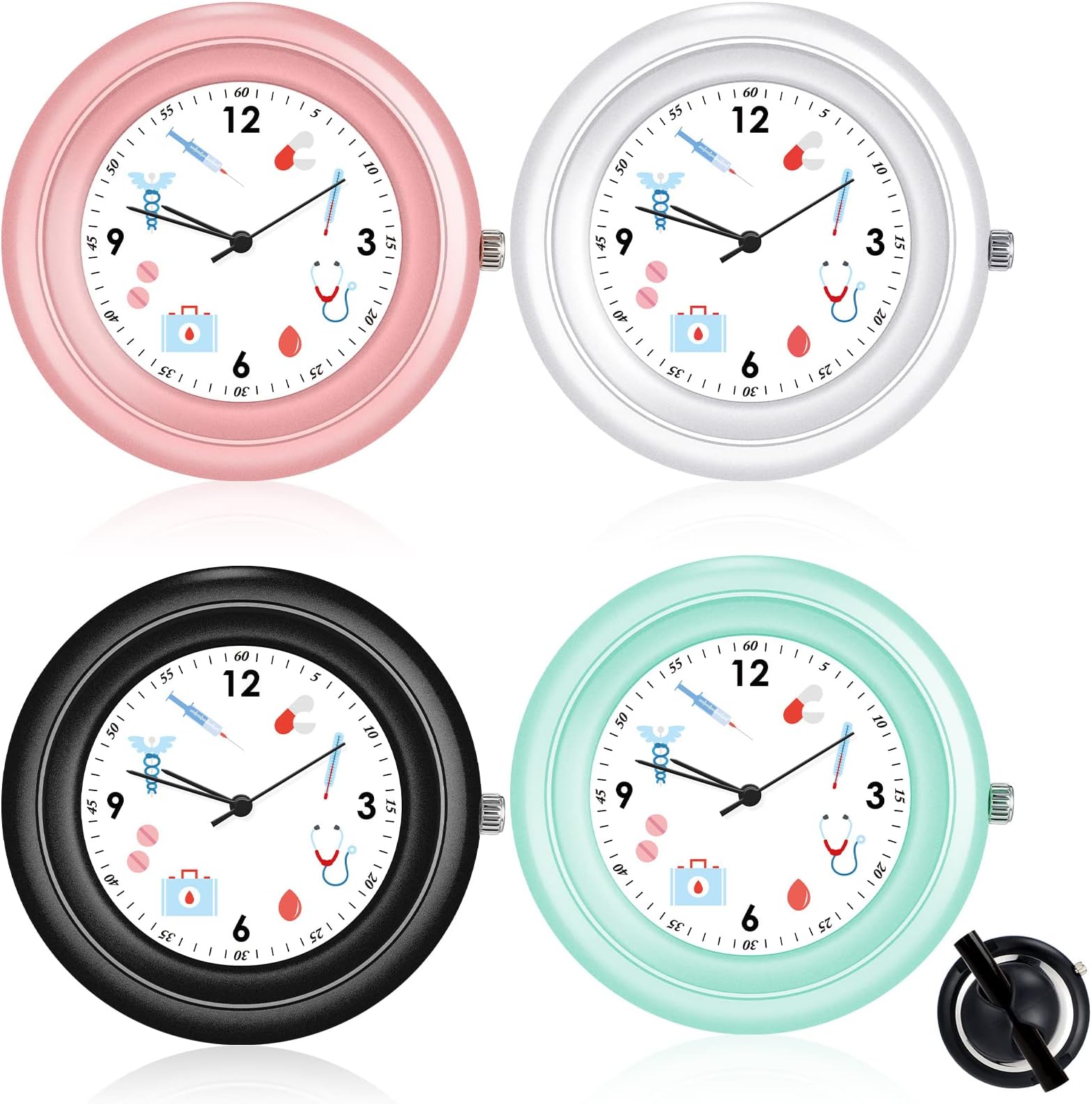 4 Pcs Stethoscope Watch Clip on Nurse Watch with Medical Symbols Stethoscope Clock Attachment Lightweight Hand Appreciation Medical Accessories for Nursing Doctor Students Clinic Staff