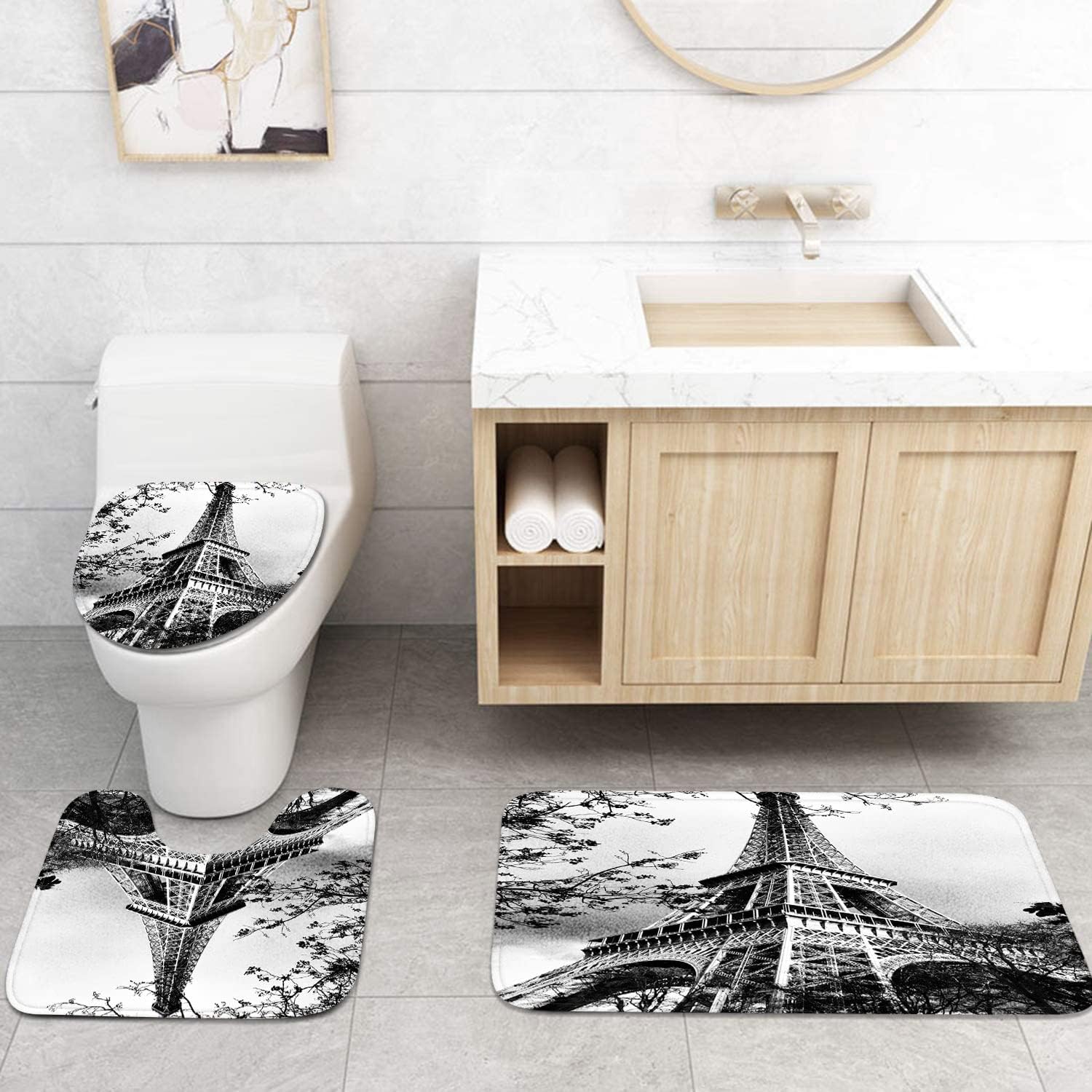 Britimes 4 Piece Shower Curtain Sets, with 12 Hooks, Eiffel Tower Paris Iron Black with Non-Slip Rugs, Toilet Lid Cover and Bath Mat, for Bathroom Decor Set, 72" x 72"