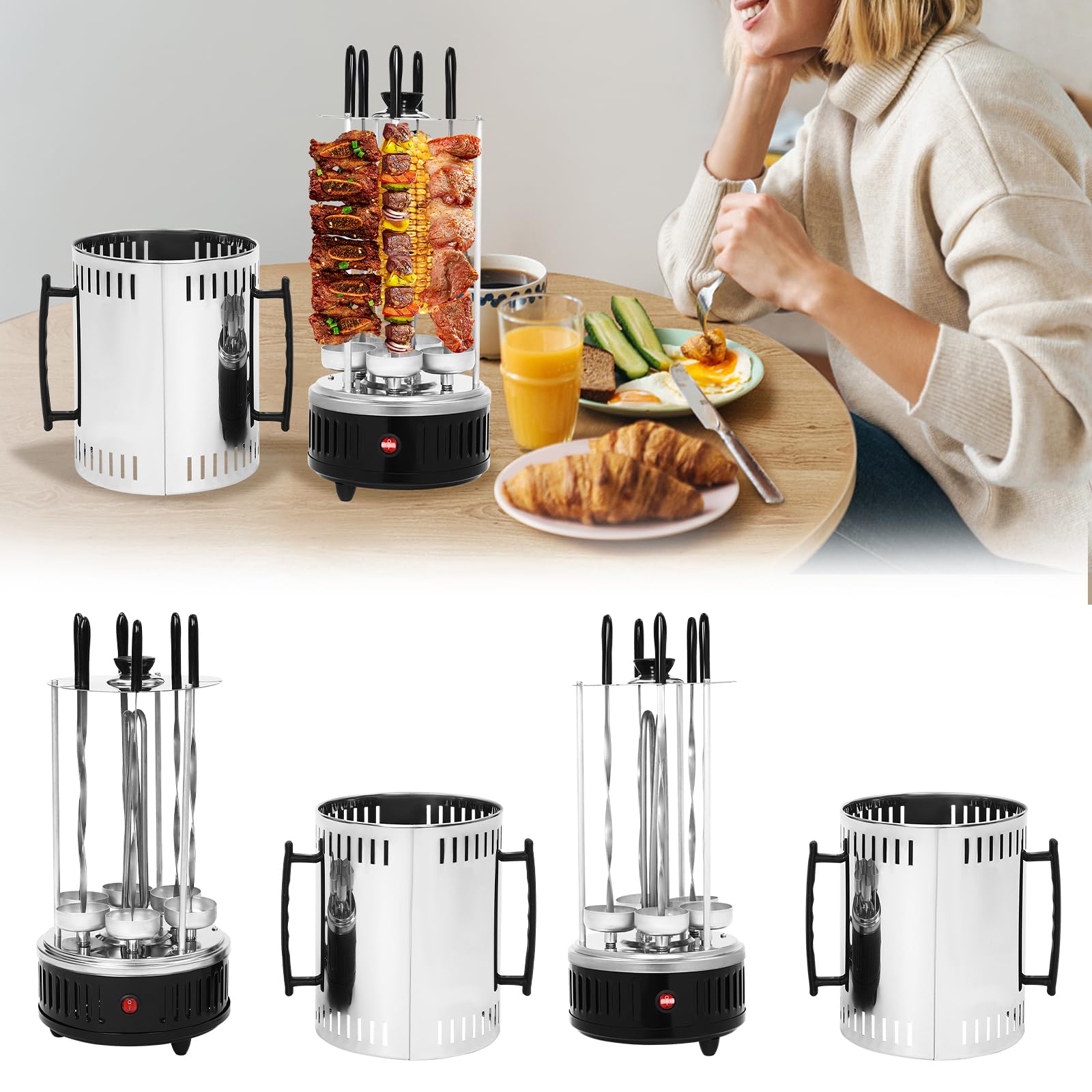 Multigrill Dönergrill Schaschlik Grill 1000 W Elektrogrill Schaschlikgrill mit 5 Spieße, Vertikaler Elektrogrill Tischgrill für BBQ, Tischgrill, Vertikalgrill