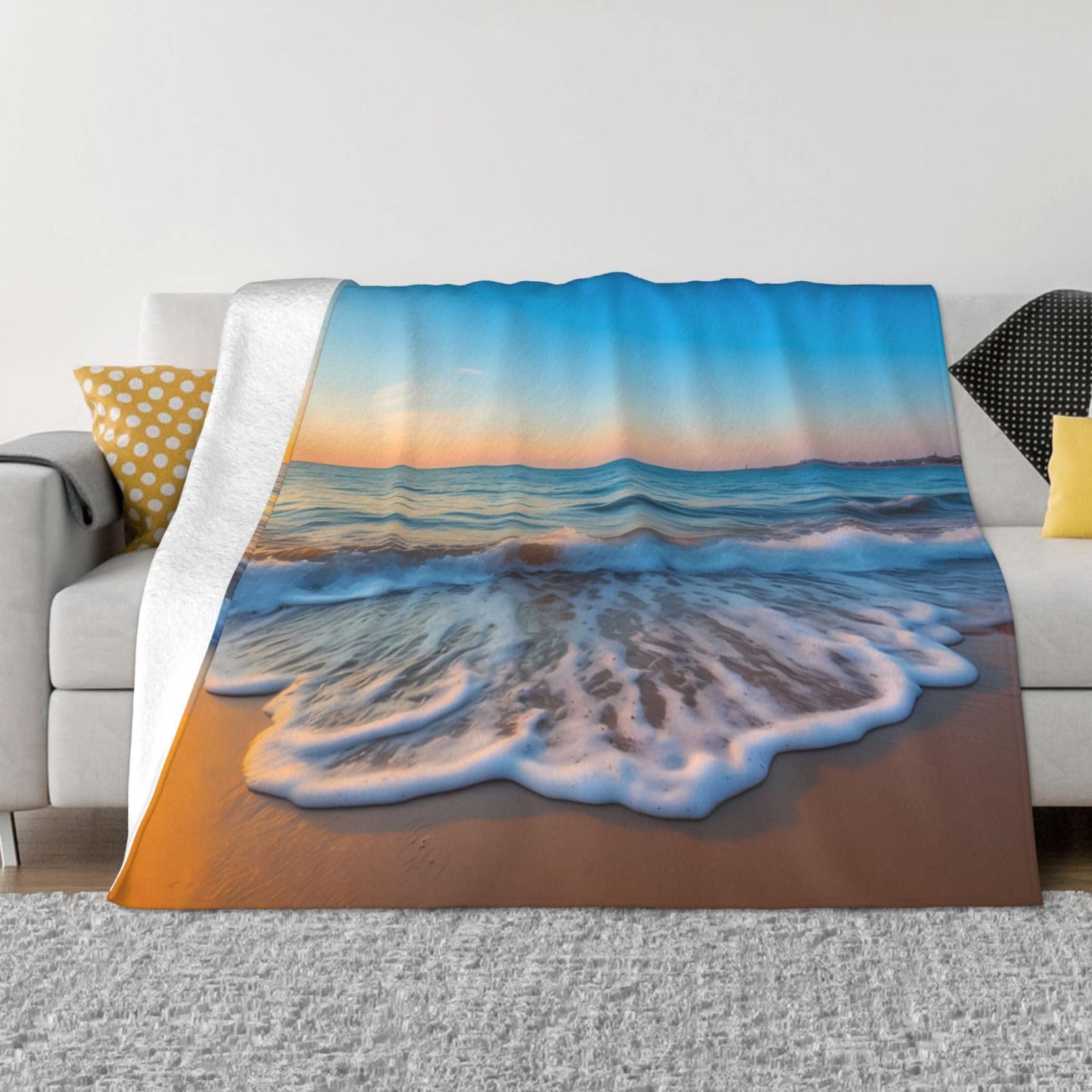 Couverture pelucheuse en flanelle PHAYAH vagues après le crépuscule 203x152 cm pour canapé lit