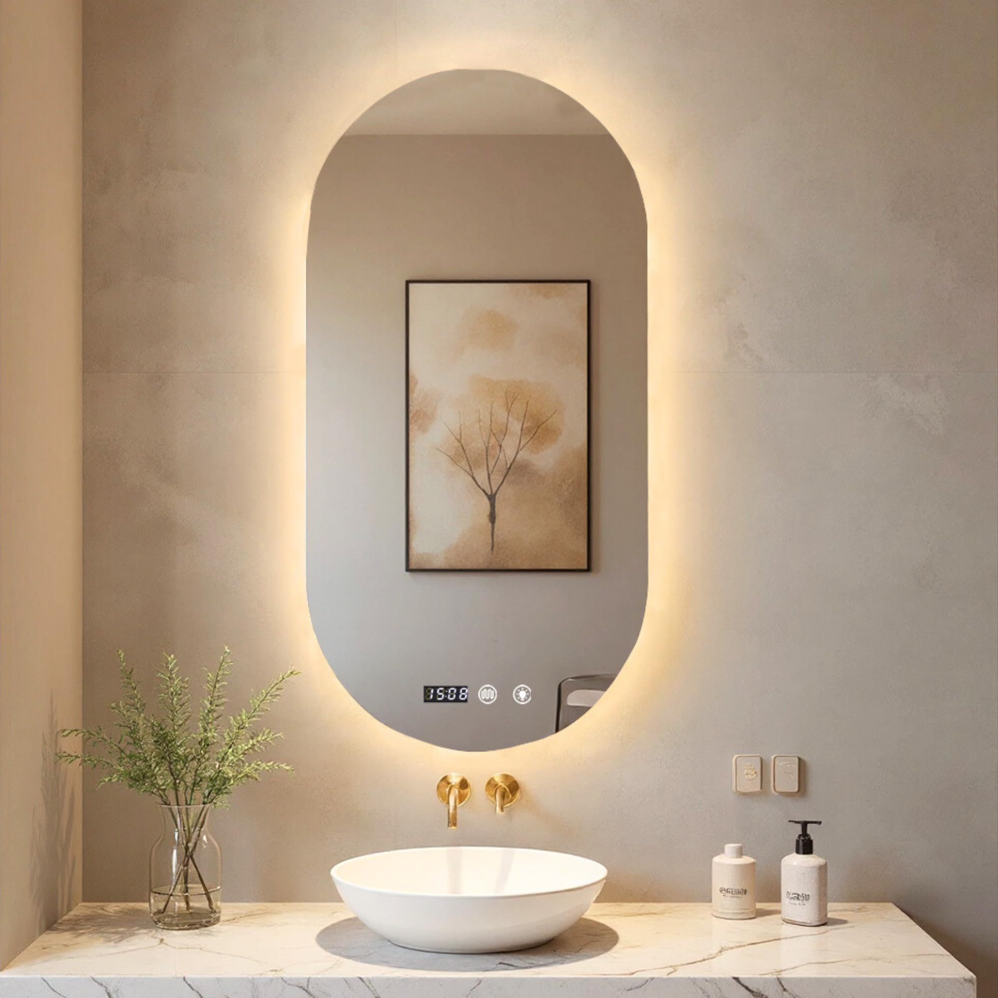 MAGIC SELECT Espejo de Baño con Luz Ovalado de Pared 60x90cm | Con Enchufe, 3 Tonos de Color, Ajuste de Brillo y Antivaho, Indicador de Hora y Temperatura, Vertical