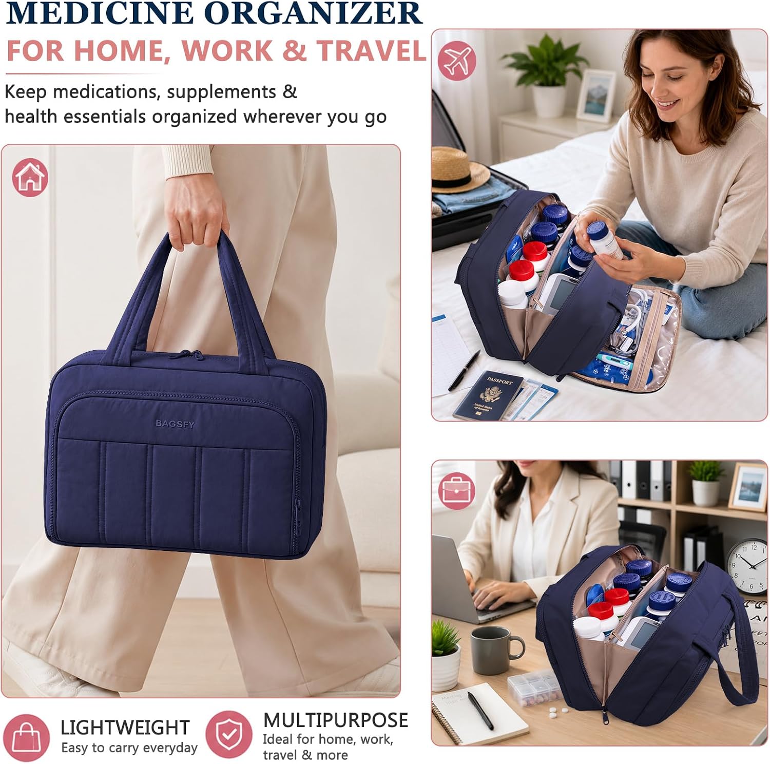 BAGSFY Travel Medicine Bag with 2 Separate Compartments, Wide-Opening Medication Organizer, Puffy Medical Storage Bag for Prescription Bottles, Pill Cases, Medical Supplies,Travel & Family Emergency