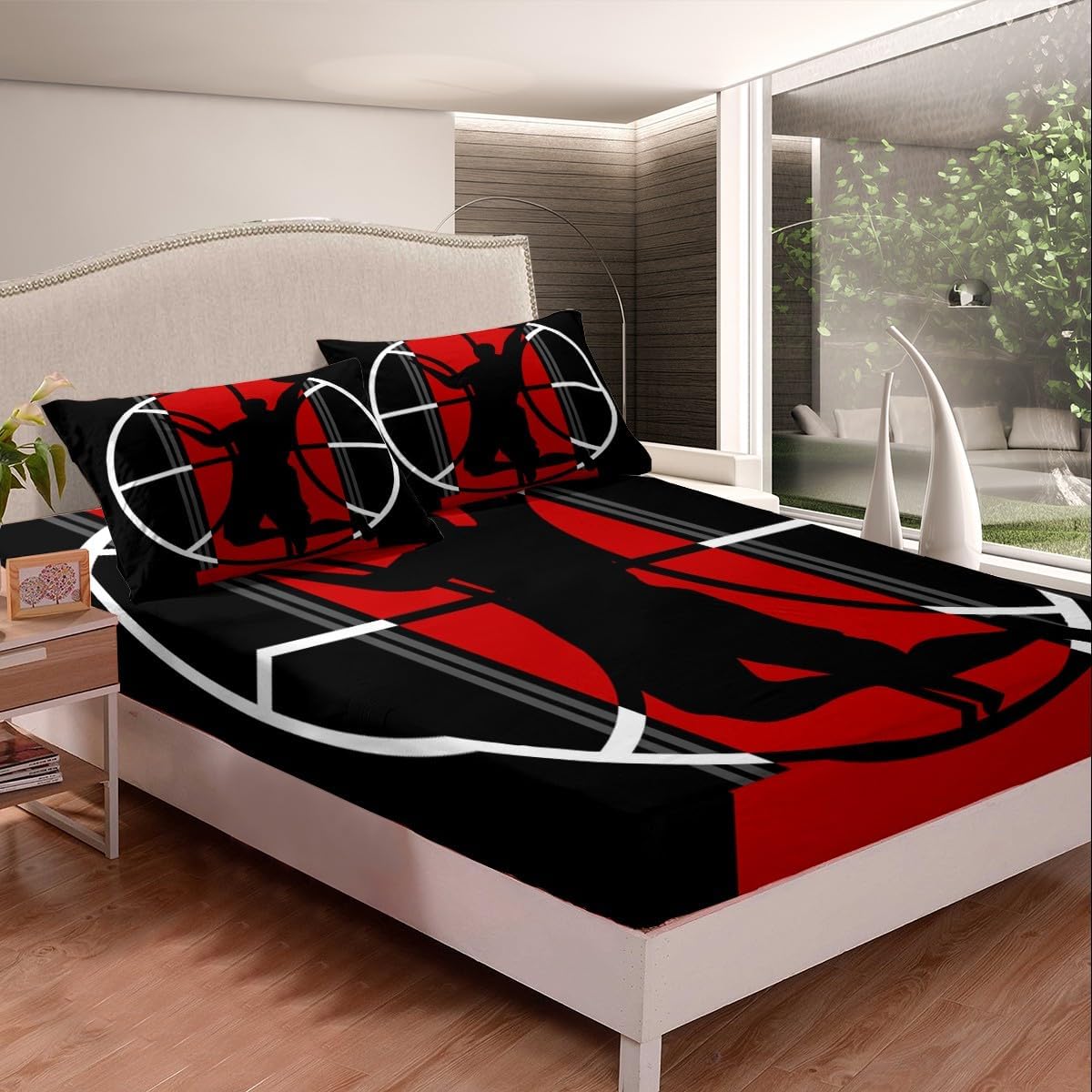 Basketball Bed Sheet Set Kids Sports Games Sheets Set 4pc Red and Black Microfiber Soft Bedding Set,1 Flat Sheet,1 Deep Pocket Fitted Sheet,2 Pillow Cases（Queen Size）