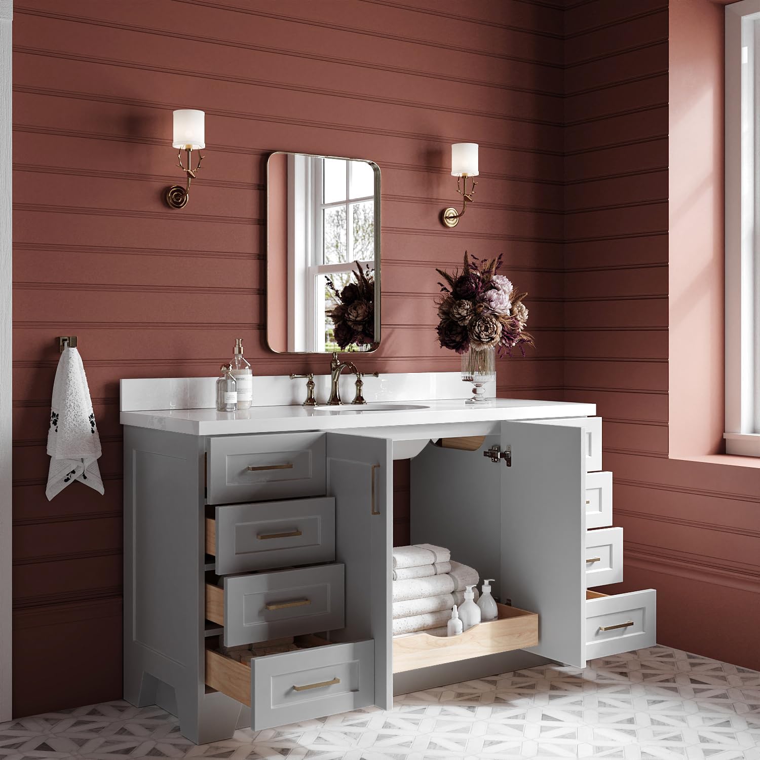 ARIEL Taylor 60-inch Bathroom Vanity with Sink,Solid Wood, 1.5-inch Pure White Quartz Countertop & Backsplash, Single Oval Porcelain Sink, 2 Soft Closing Doors, 9 Dovetail Drawers, Grey