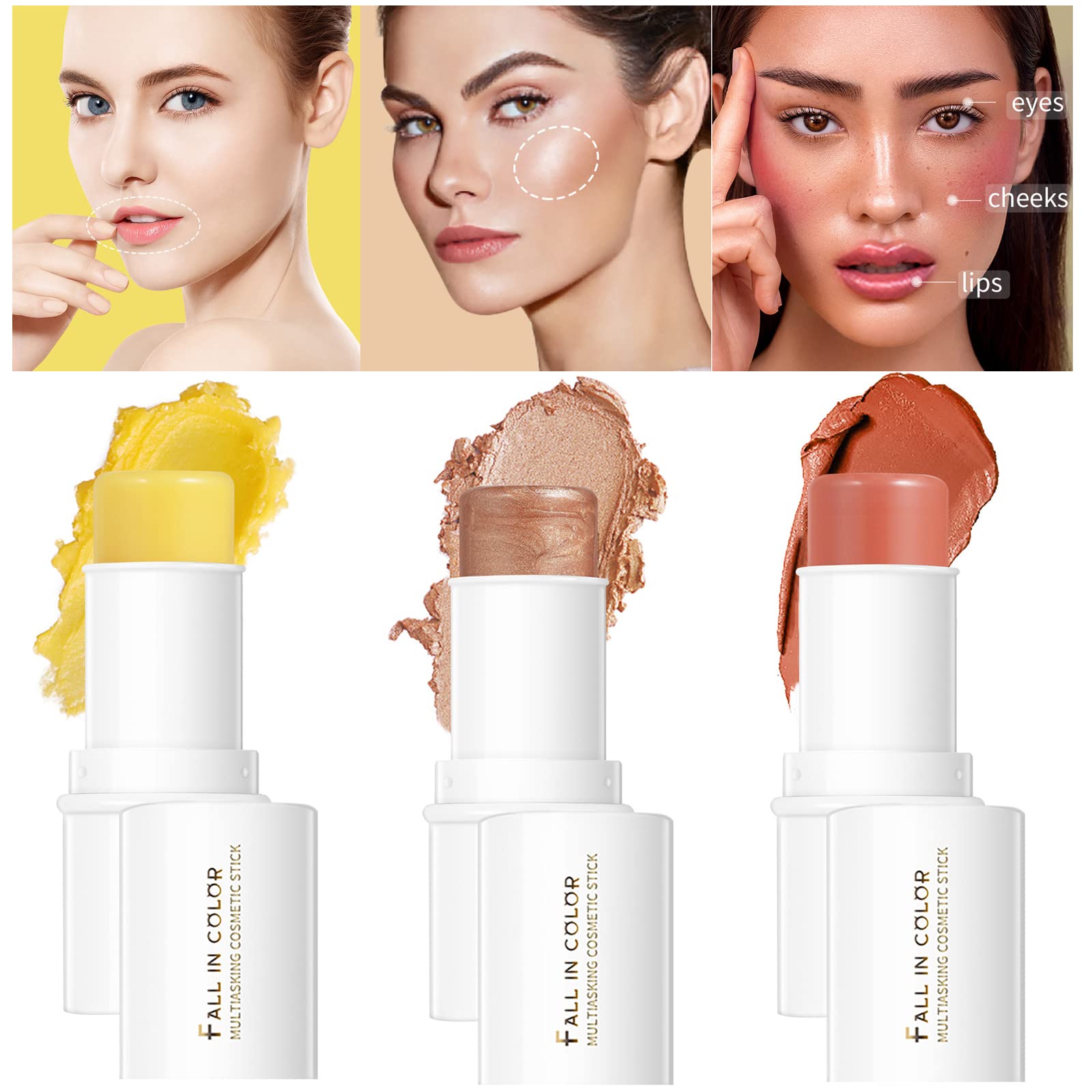 3 Pack All in One Makeup Stick Multi-Use Facial Stick Trio Cream Blush Stick, Highlighter Stick, Moisturizer Color Rose makeup Sticks for Mature Skin Older Women (SetA)