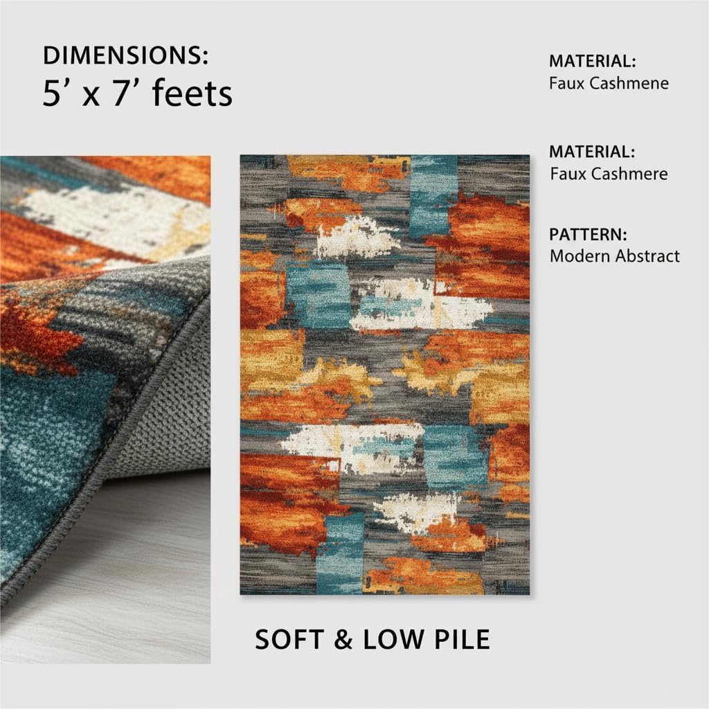 5x7 Area Rug for Living Room,Modern Abstract Burnt Orange Rug,Terracotta and Teal Brushstroke,Washable Rug,Non Slip, Bedroom, Dining Room, Home Office