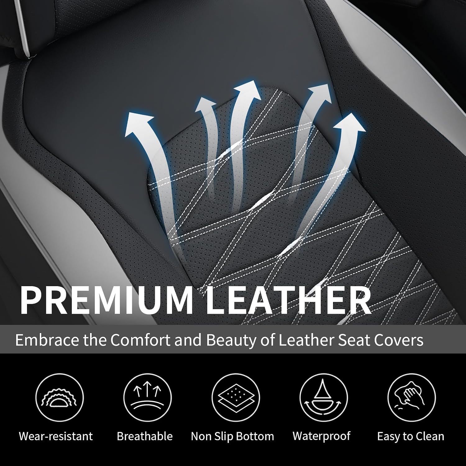 FLORICH Leather Seat Covers, Car Seat Covers Full Set, Car Seat Protector Waterproof, Front and Rear Seat Covers for Cars, Automotive Seat Covers Universal Fit for Most Cars SUV Truck - Gray&Black