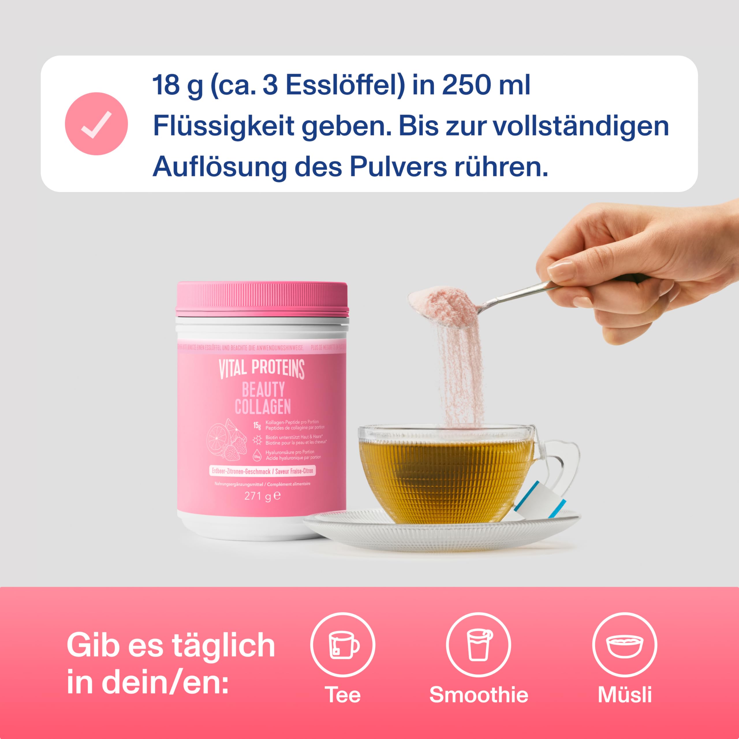 Vital Proteins Beauty Collagen, Kollagen, Biotin, Erdbeer-Zitronen, 271g | Kollagen-Peptide, optimale Löslichkeit, hydrolysiertes Kollagen Typ 1 & 3