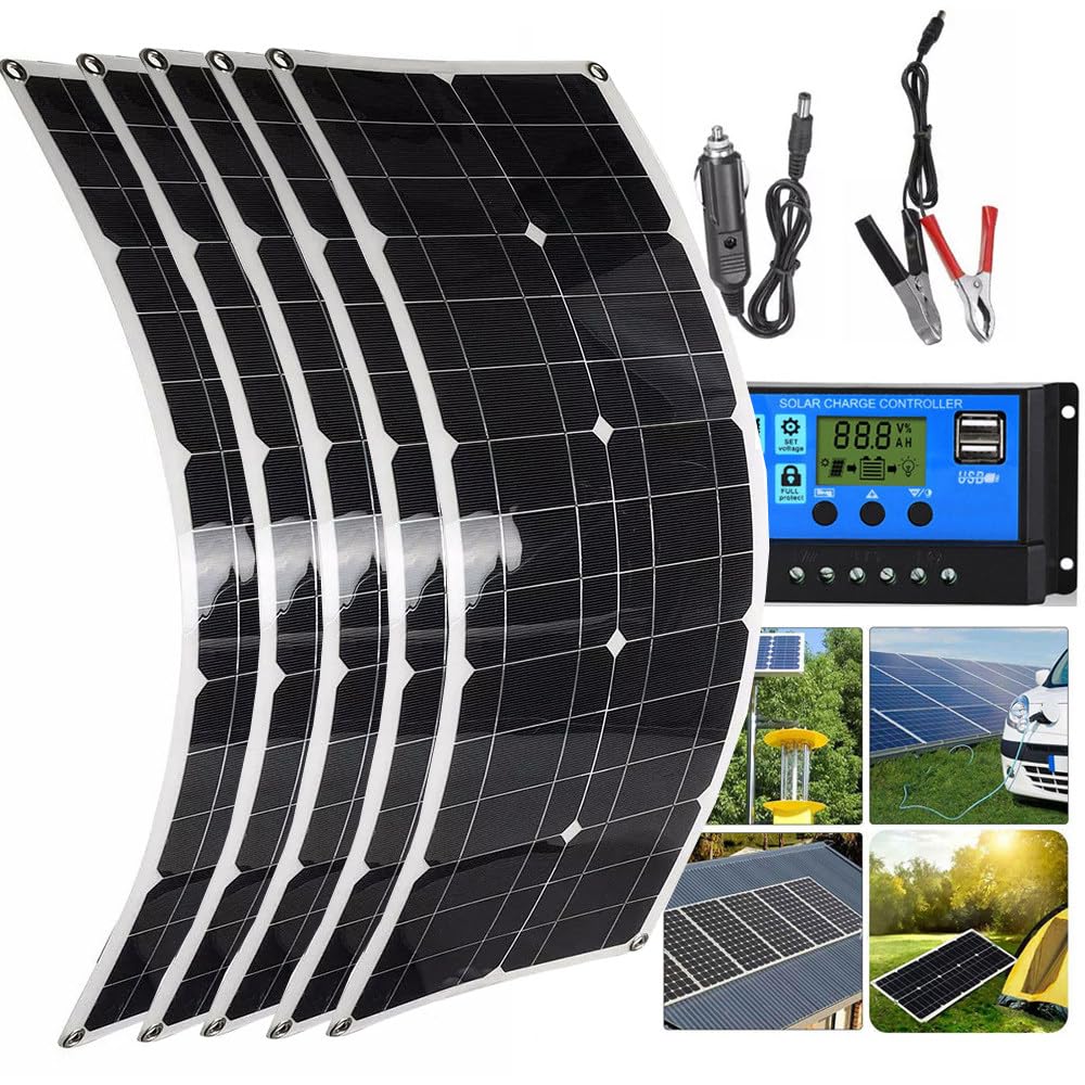 Elastyczny zestaw paneli słonecznych 100 W, 200 W, 300 W, 400 W, 500 W, 600 W, kontroler 40 A, zasilanie USB 12 V, przenośny panel słoneczny do kampera/dachu/łodzi/samochodu/na kemping, ultralekki