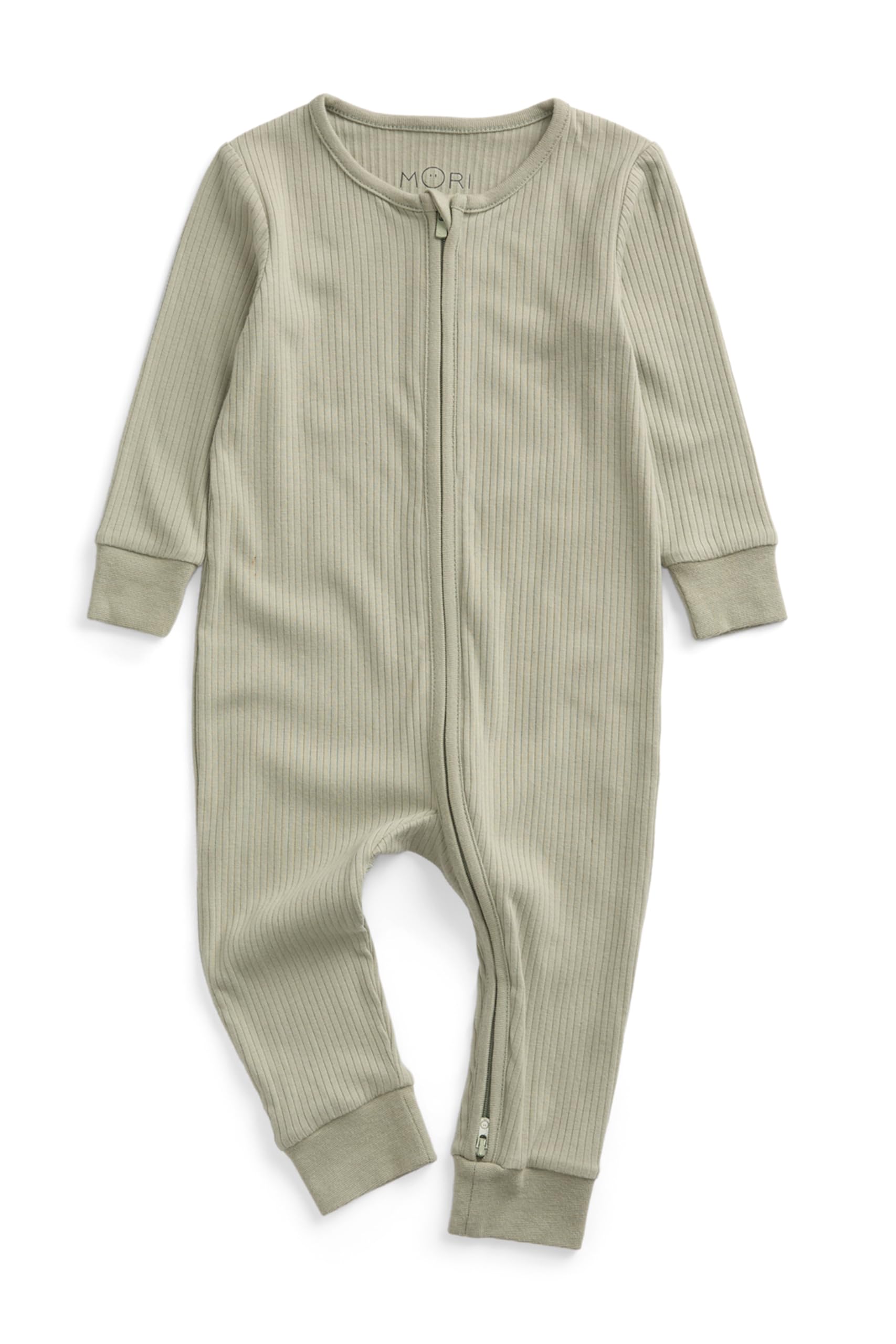 MORI Pijama unisex de canalé con cremallera bidireccional para bebé en color salvia - Ropa de dormir cómoda de bambú y algodón orgánico - Pijama para niños pequeños con diseño de pies - 12-18 meses
