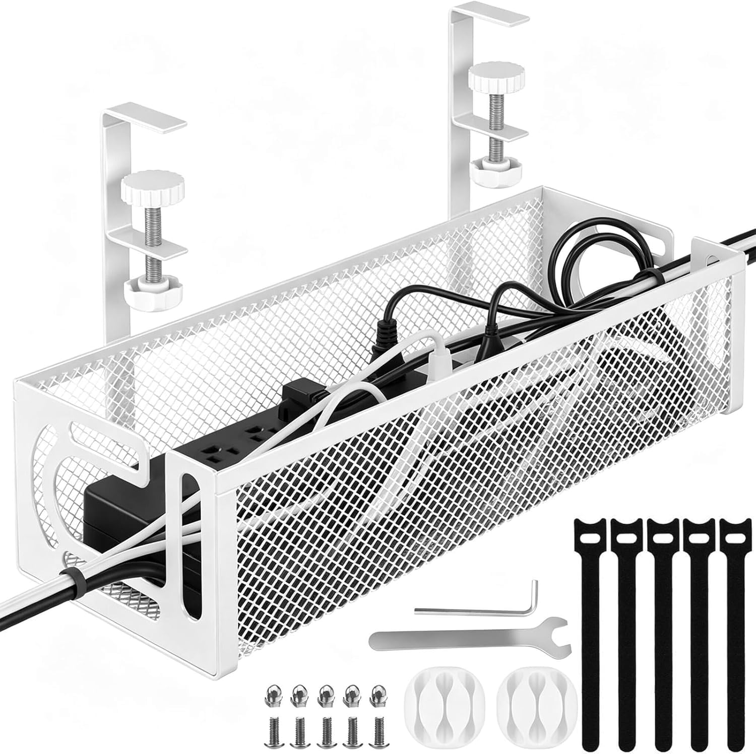 MiDARAH Under Desk Cable Management Tray No Drill, 40CM, Sturdy Metal Mesh Cable Management Organiser with Clamp Mount, Wire Management Tray & Cord Organiser for Home and Office – White
