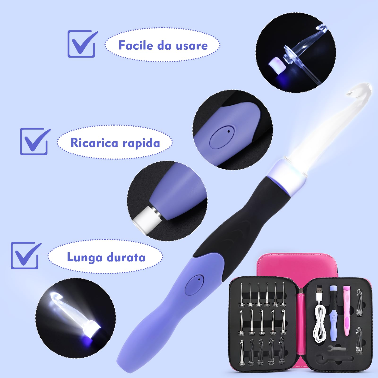 AIYUNDI Set di Uncinetti 18 in 1 con Luce a LED, Uncinetti Ergonomici con Manico di Ricambio e Custodia,per Uncinetto e Lavoro a Maglia,Kit Uncinetto Principianti ed Esperti (2,0-14,0mm)