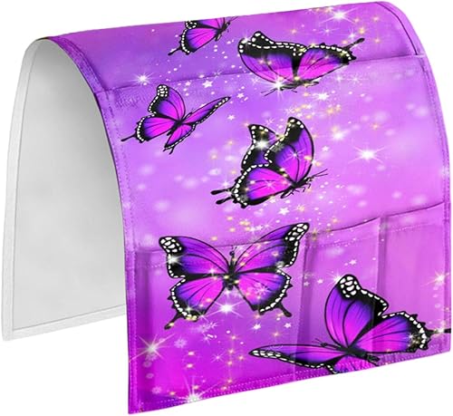 chaqlin Soporte antideslizante para control remoto, organizador de reposabrazos de mariposa morada para sofá reclinable, sillón con 5 bolsillos para