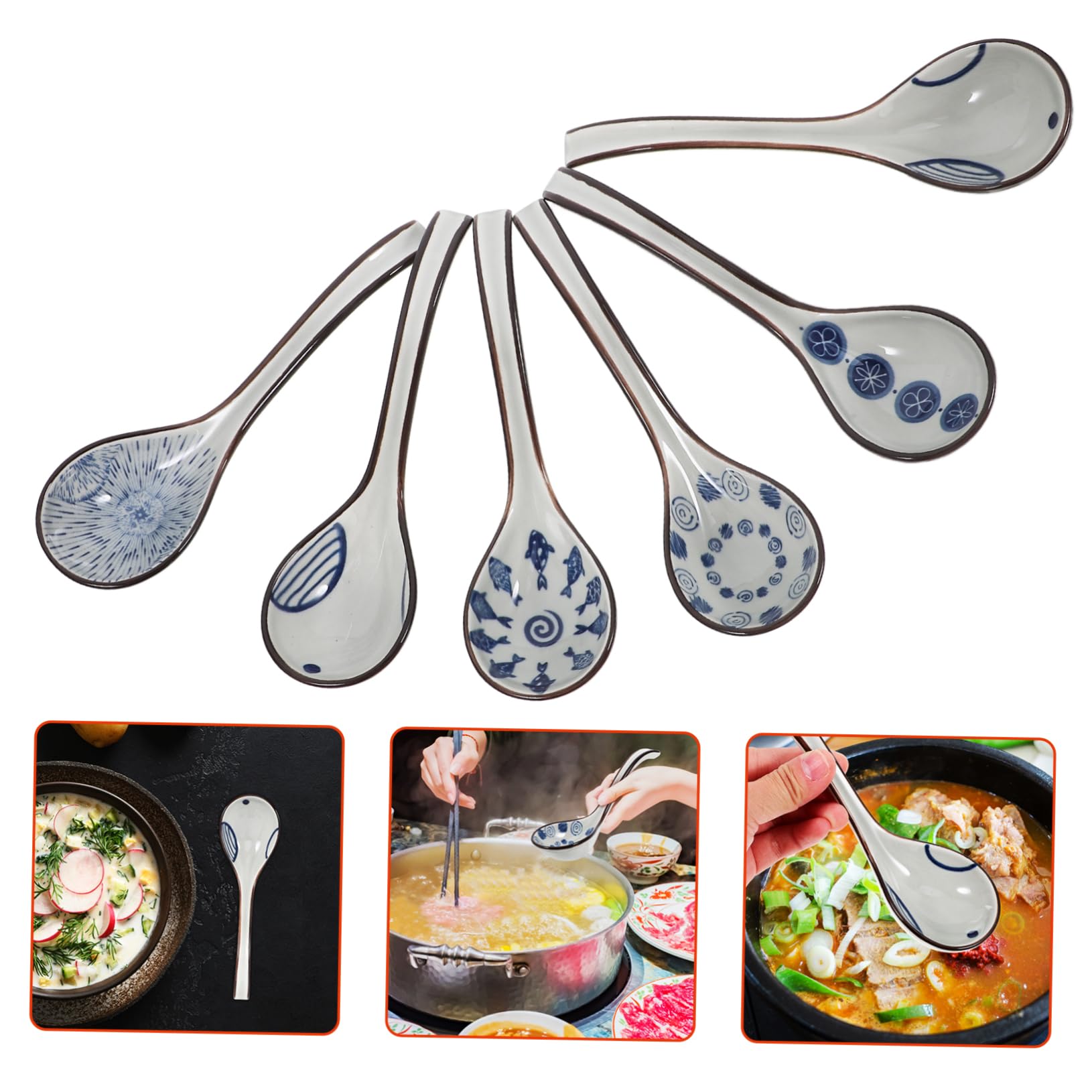 GARVALON 6 Stück Keramik Suppenlöffel Asiatischer Soup Spoon mit Langem Griff Klassisches Muster Leicht zu Reinigen für Suppe und Dumplings