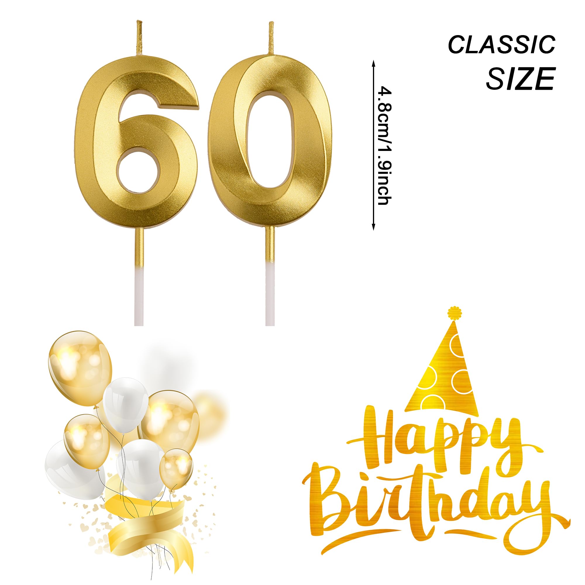 AOOLADA 60th Birthday Candles, Gold 60 Year Old Number Birthday Candles, Number 60 Candles for Men Women, Happy Birthday Party Decorations Cake Topper Gifts for Wedding Anniversary Celebration