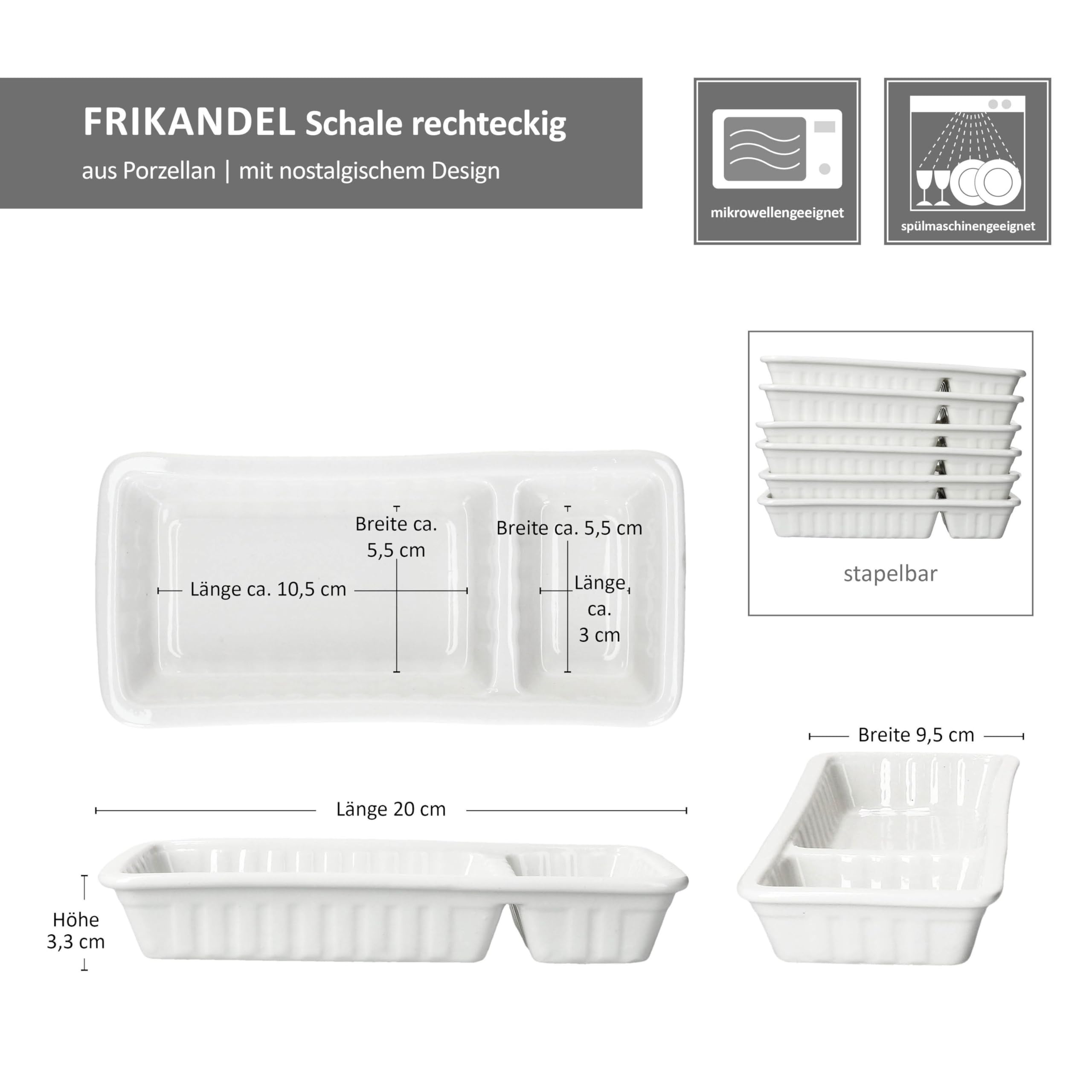 MamboCat 12er Set Frikandelschalen weiß aus Porzellan I (LxBxH) 20x9,5x3,3cm I Servierschalen mit 2 Bereichen für Soße & Beilagen I für Frikandel, Buletten, Nuggets, Nachos & Snacks