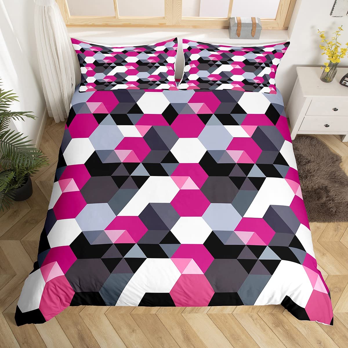 PERFEMET Set Biancheria Letto Matrimoniale 7 Pezzi: Motivo Geometrico Nido D'Ape Con Piumone E Lenzuola, Verde Acqua, Microfibra Morbida