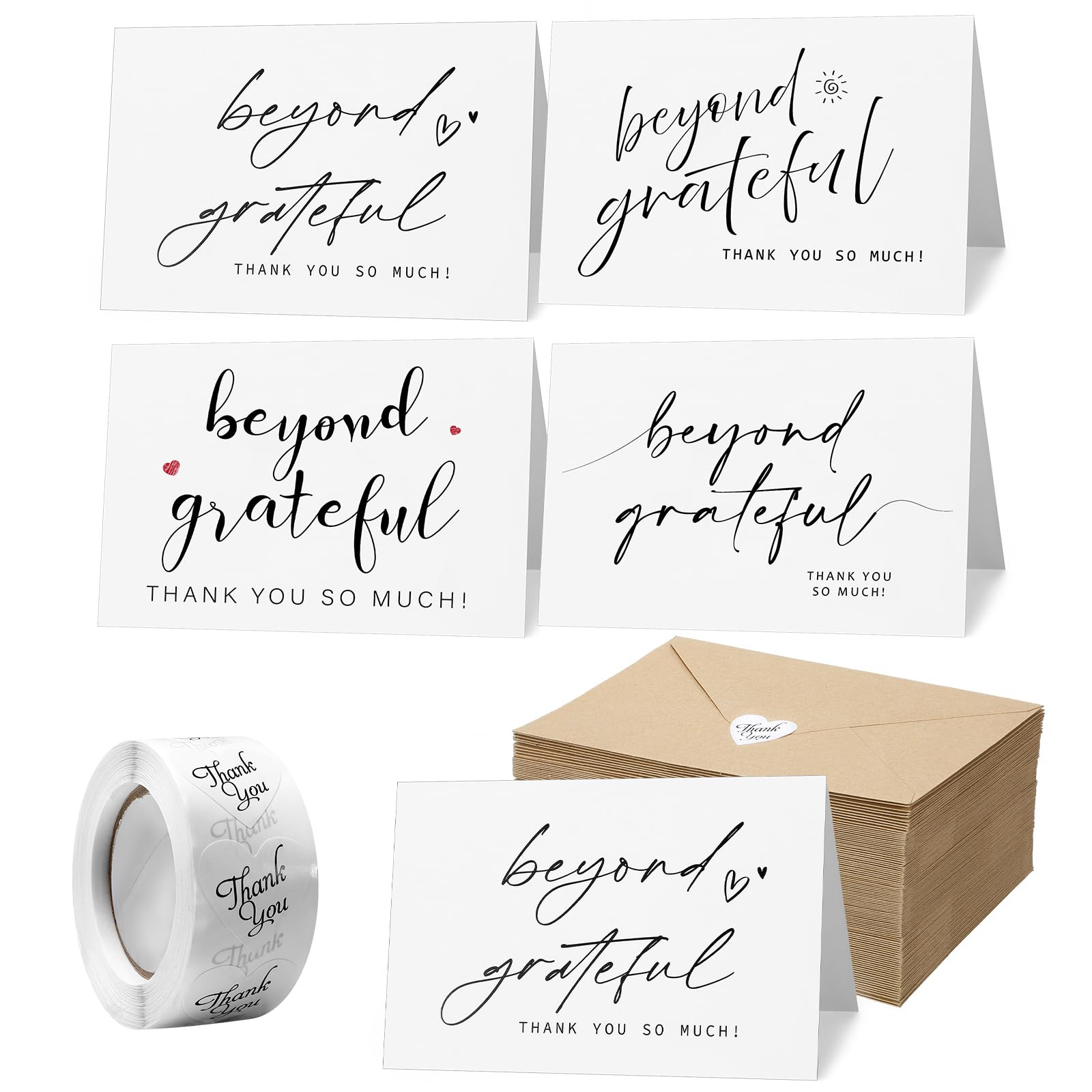 200 biglietti di ringraziamento Beyond Grateful con buste in carta kraft e 500 adesivi abbinati, biglietti di ringraziamento da 10 x 15 cm, per baby shower, matrimoni, addio al nubilato, regali di