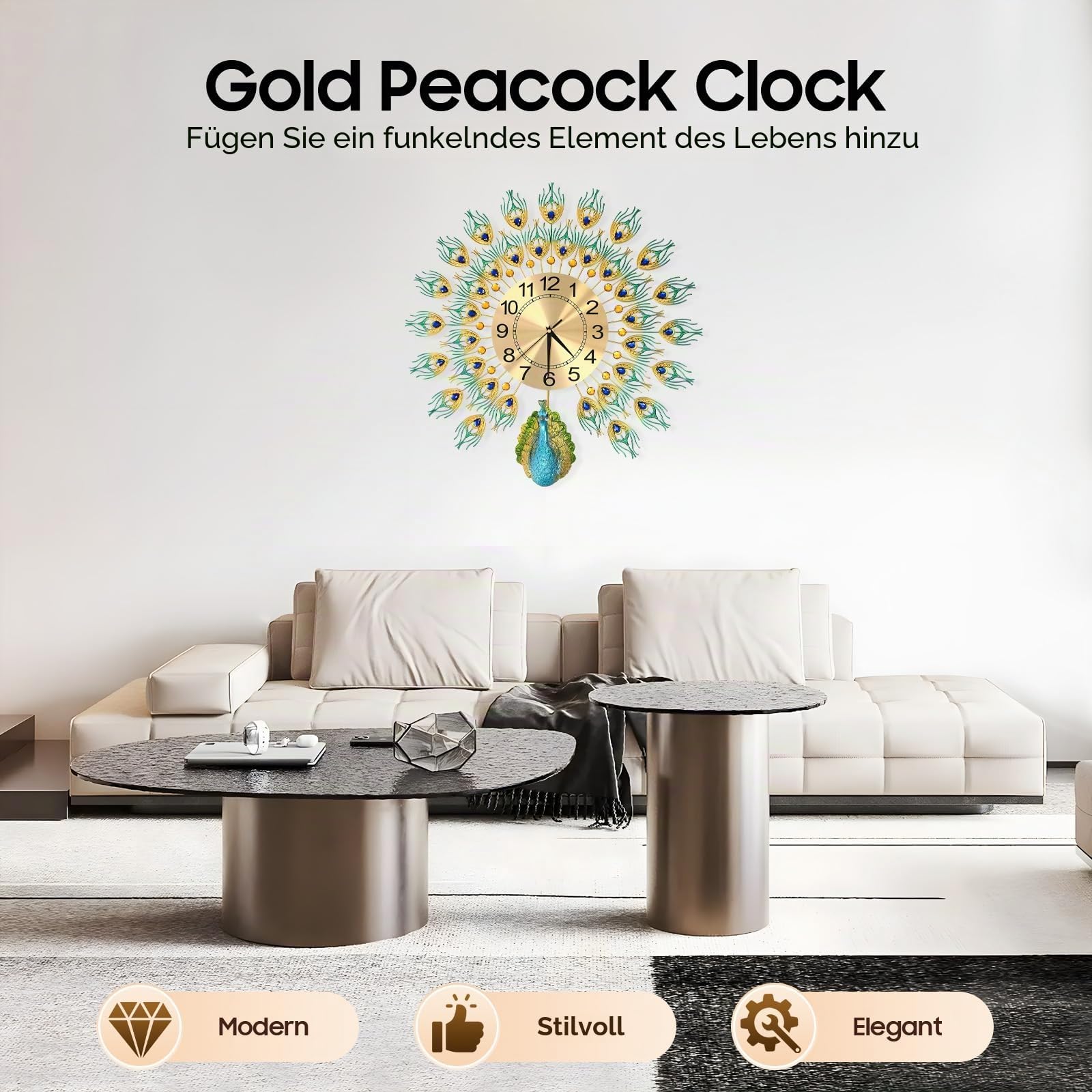 Moderne Wanduhr Groß 3D Pfau Wanduhren mit Metallzifferblatt, Nicht Tickende Leise Digitale Wanduhren Luxus Bunt Wohnkultur Europäische Pfauen Wand Uhr 60cm