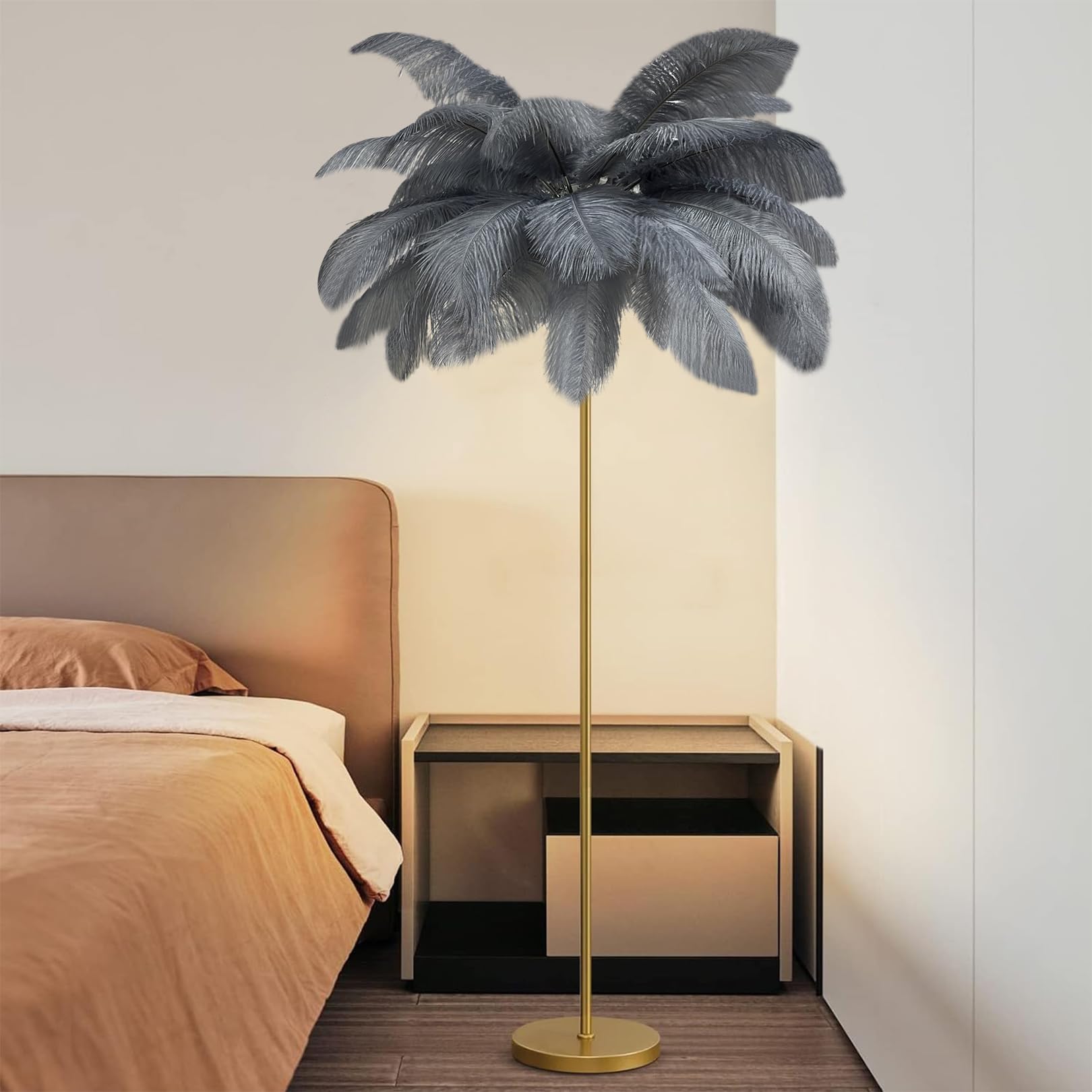 Lampadaires en plumes d'autruche salon lampe sur pied moderne 160 cm dorée ampoule LED