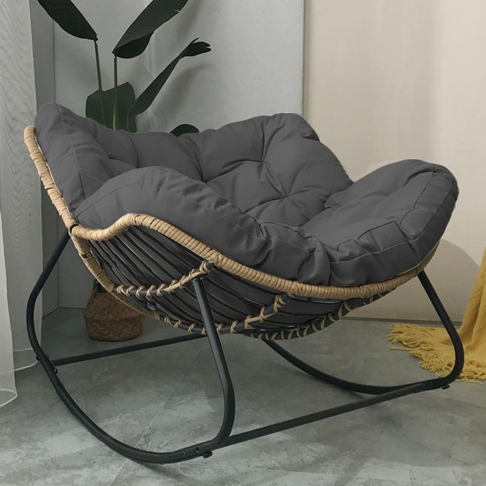 Sedia a dondolo da esterno Papasan con cuscino imbottito, oversize in rattan di vimini per interni, uovo in metallo, grandi supporti