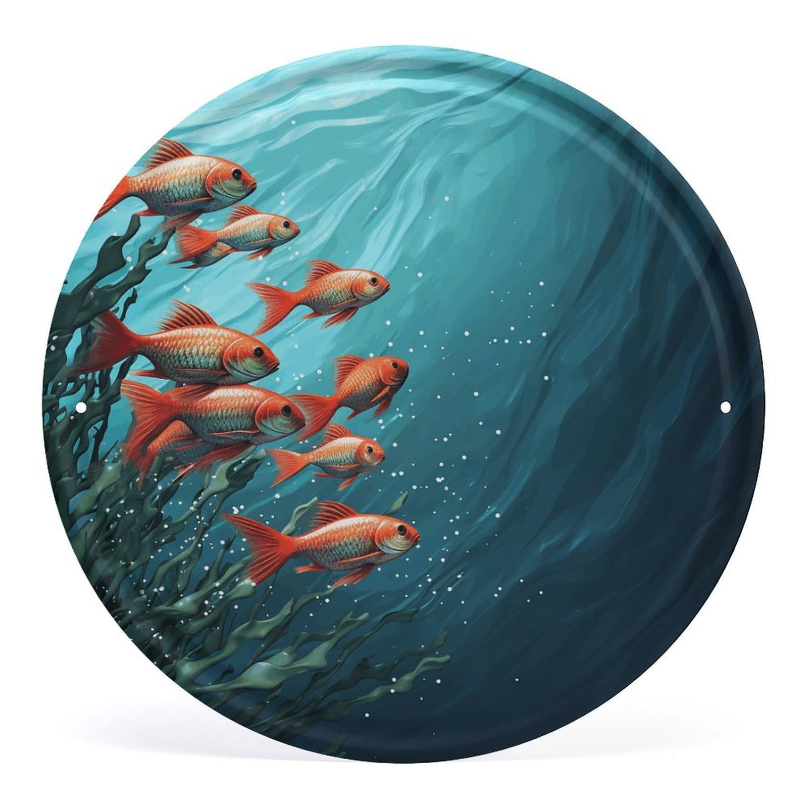 Fodpand Style Fish Aquarium Round Wall Art Hanging Decorations, Wall Decor Modern Minimalist Artwork, Tin Sign Hanging Picture For Living Room, Bedroom, Office, Hallway, 11.8X11.8 Inch