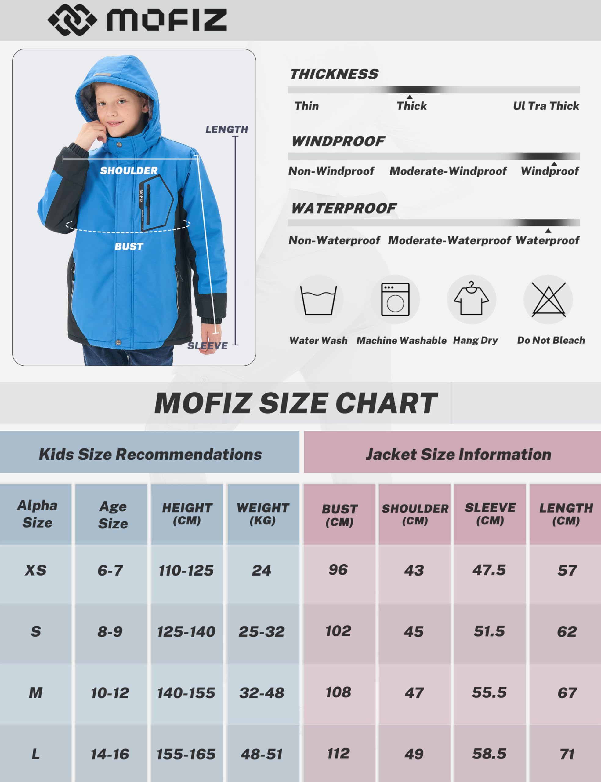 MoFiz Veste de Ski Garçon Hiver Chaud Manteau de Neige Imperméable de Montagne en Polaire Coupe-Vent Enfants Blouson avec Capuche Amovible 6-16 Ans