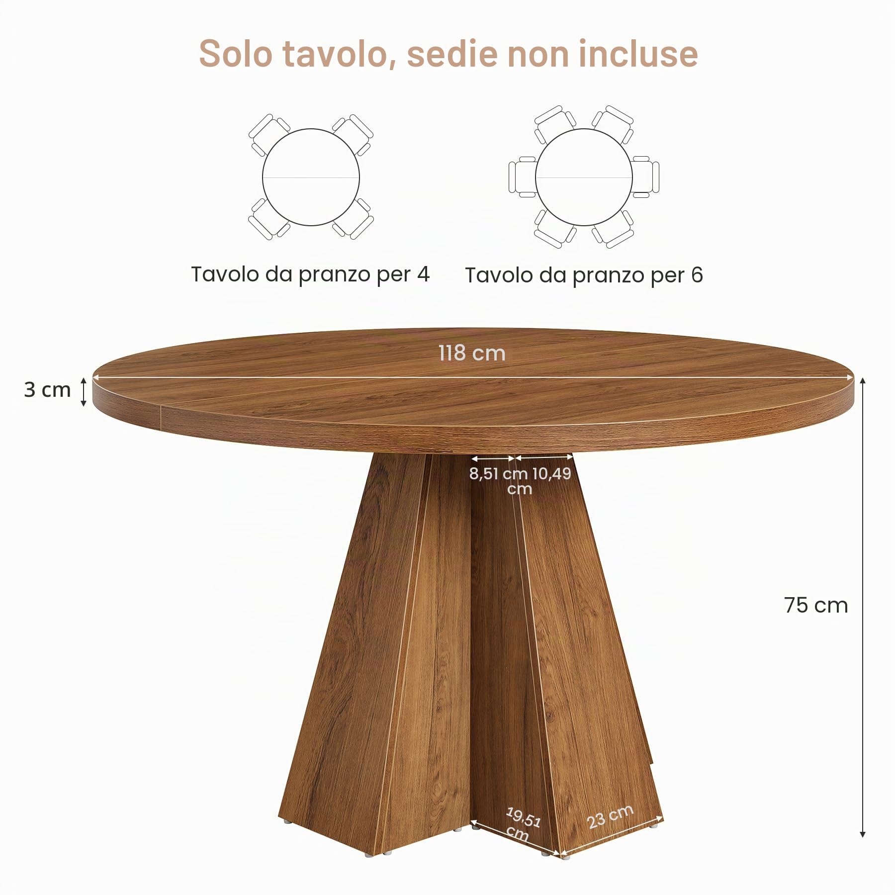 Tribesigns Tavolo da pranzo rotondo per 4 persone, tavolo da cucina rotondo con base a colonna, stile rustico, salvaspazio, sala da pranzo, cucina, soggiorno, marrone noce