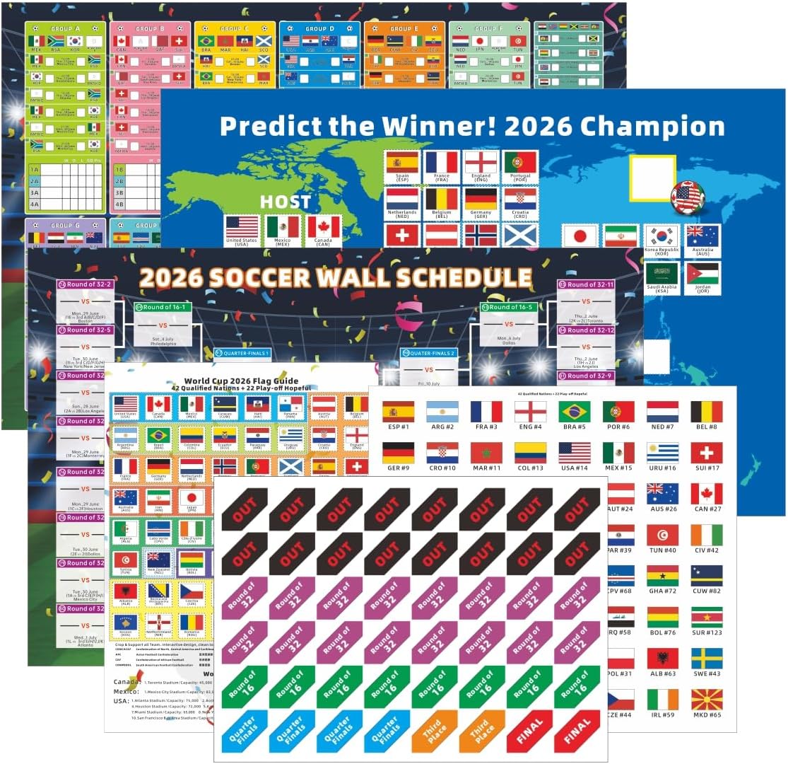 HOMIEVAR 2026 World Cup 7-in-1 Soccer Schedule Posters Set 11x16inch Group Stage Matchup, Knockout Path Bracket Interactive Flag Sticker Wall Chart Decor for Football Fans