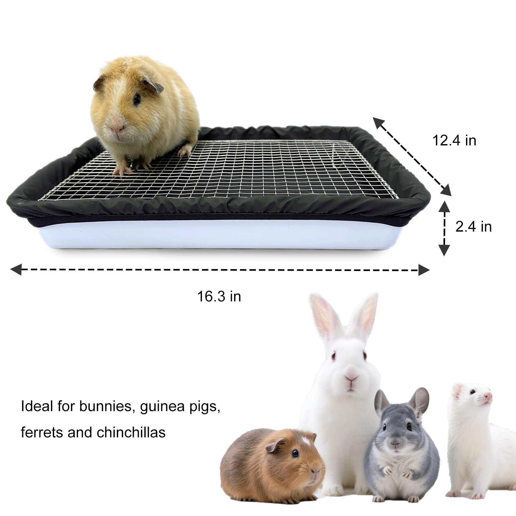 DOZZOPET Caja de arena para conejillos de indias con rejilla de acero inoxidable y 2 forros impermeables reutilizables, bandeja para orinal de animales pequeños para conejo enano, hurón, chinchilla