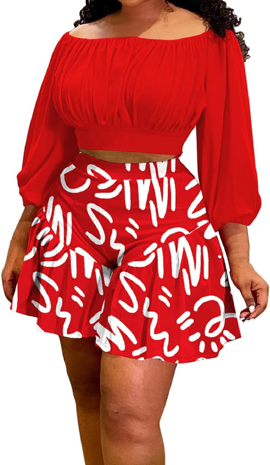 Women's Plus Size Shorts Sets 2 Piece Outfits Casual Long Sleeve Off Shoulder Top Loose Short Set