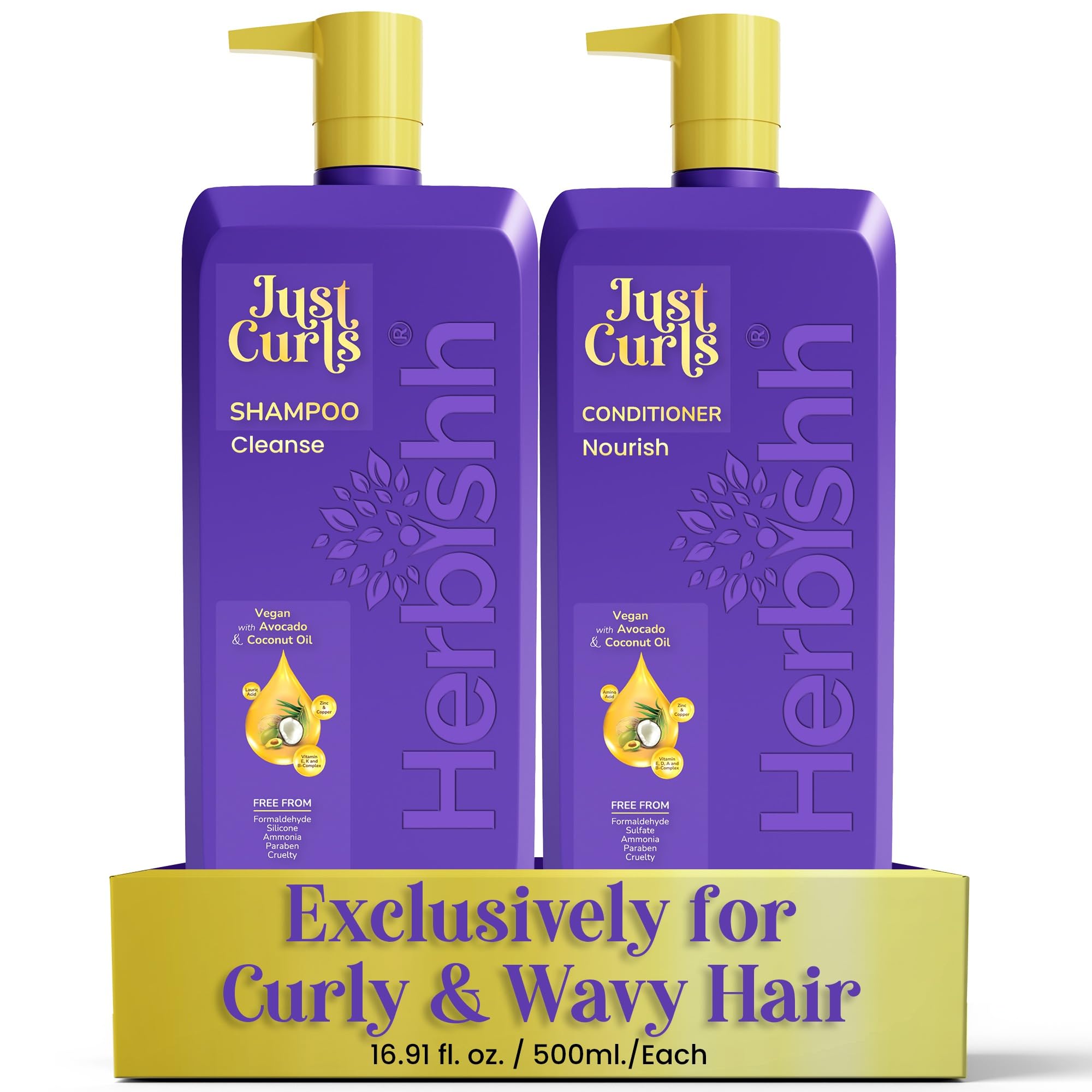 Herbishh Curly Hair Shampoo and Conditioner Set (16.91 oz Each) With Coconut & Avocado Oil for Wavy and Coily, Haircare for Women & Men, Curly Hair