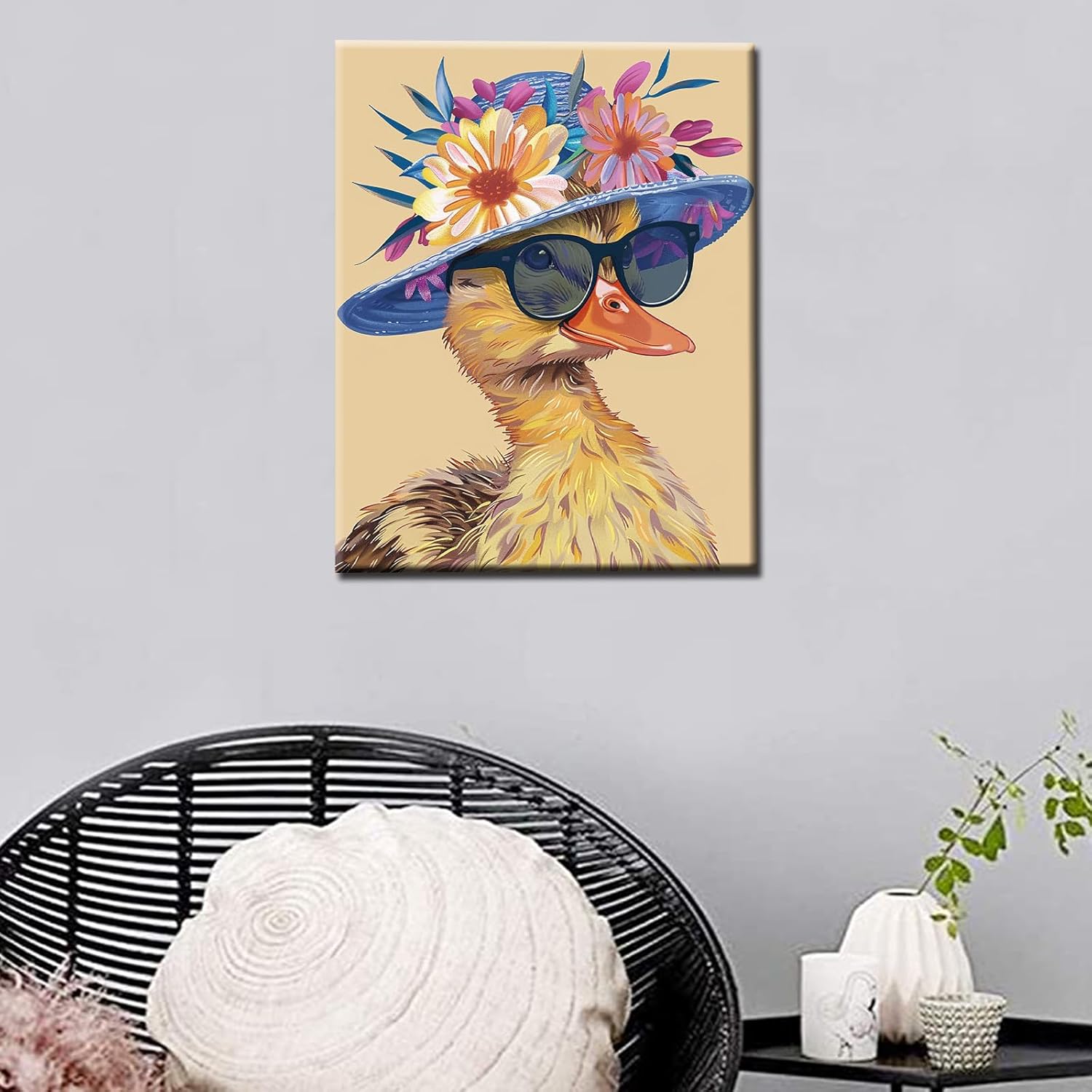 Tucocoo Yellow Duck with Sunglass and Hat Painting Paint by Number Animal Wear Flowers Hat DIY Painting with Brushes Acrylic Paints Paint by Numbers for Adults and Kids Beginner 16x20 Inch（DIY Frame）