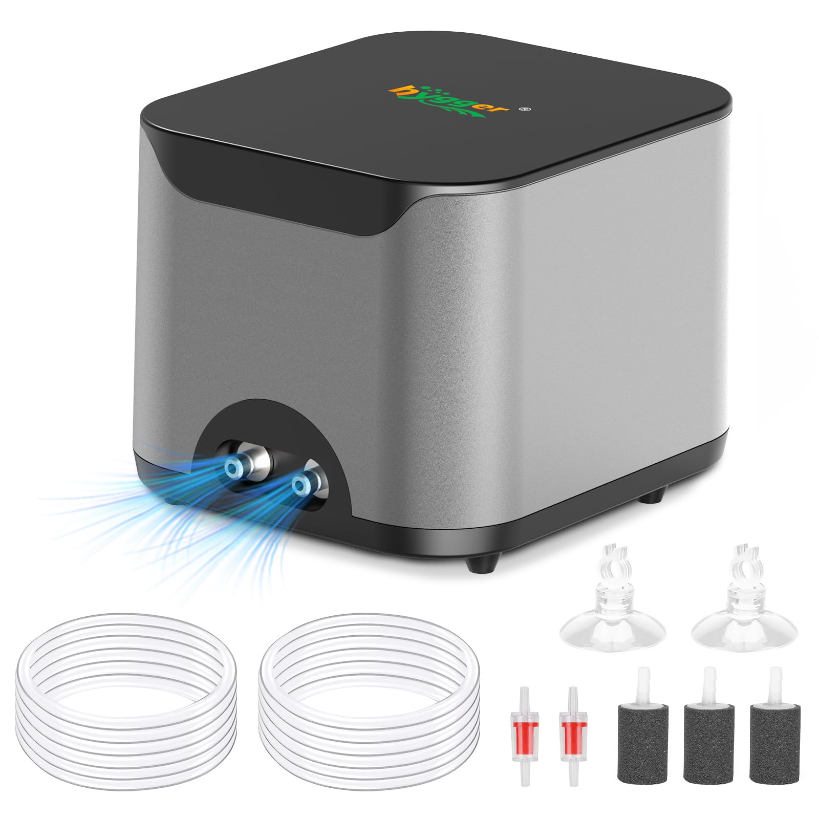 hygger Luftpumpe Aquarium Sauerstoffpumpe Aquarium Leise, ≤30db Ultra-Leise, 2 Luftauslässen, 6W 12L/Min, 10W 18L/Min, Regelbare Sauerstoffpumpe für Aquarien mit Allem Zubehör