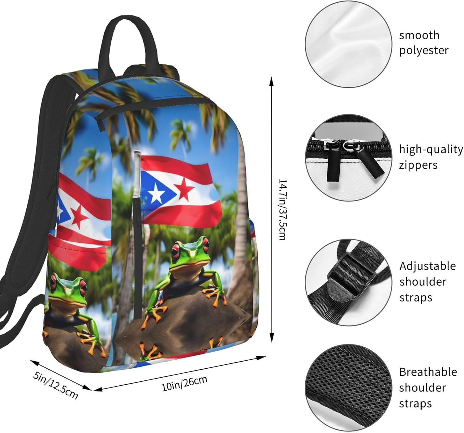 Puerto Rico Flags Frog Palm Trees Print Lightweight Backpack, Travel Bookbag College Bag,Laptop Backpack For Men Women